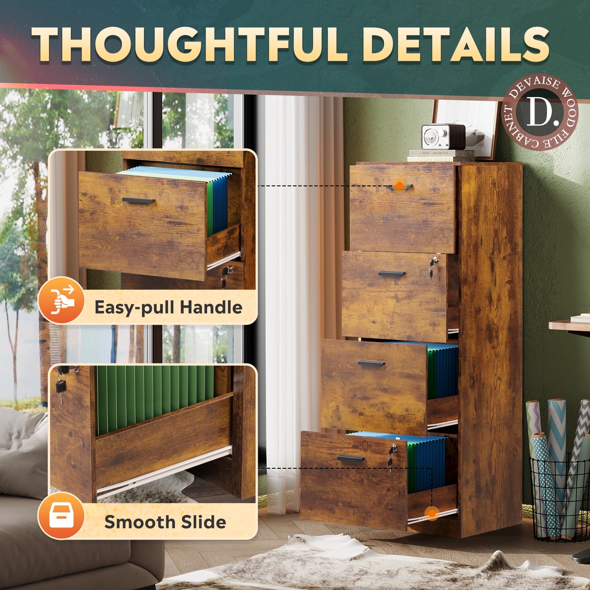 GALAXHERO 4 Drawer File Cabinet, Vertical Filing Cabinet with Lock and Key, Wood Storage Organizer for Home Office, Fit Letter/A4