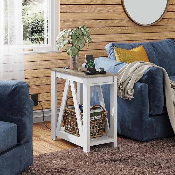 GALAXHERO Farmhouse End Table with Charging Station, Slim Narrow Side Table for Small Spaces, 2 USB Ports & 2 Power Outlets, Ideal for Bedroom, Living Room, 11.8" D x 23.6" W x 23.74" H
