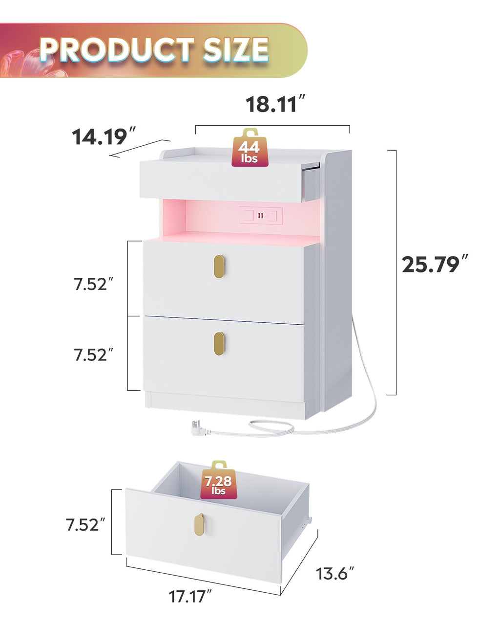 GALAXHERO Nightstand Set of 2 with Charging Station and LED Lights, 2 Drawer Bedside Tables with Sliding Top for Bedroom, Modern End Table for Living Room, White