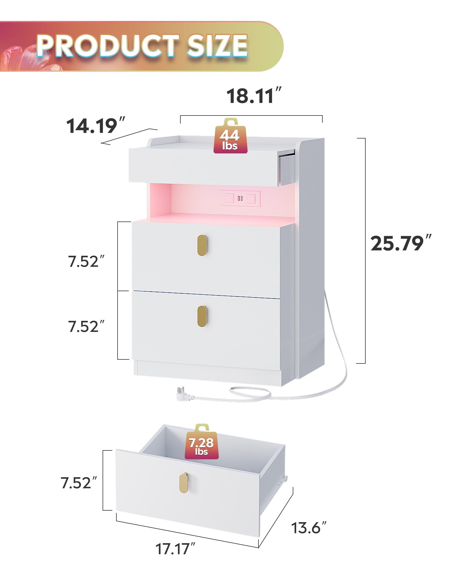 GALAXHERO Nightstand Set of 2 with Charging Station and LED Lights, 2 Drawer Bedside Tables with Sliding Top for Bedroom, Modern End Table for Living Room, White