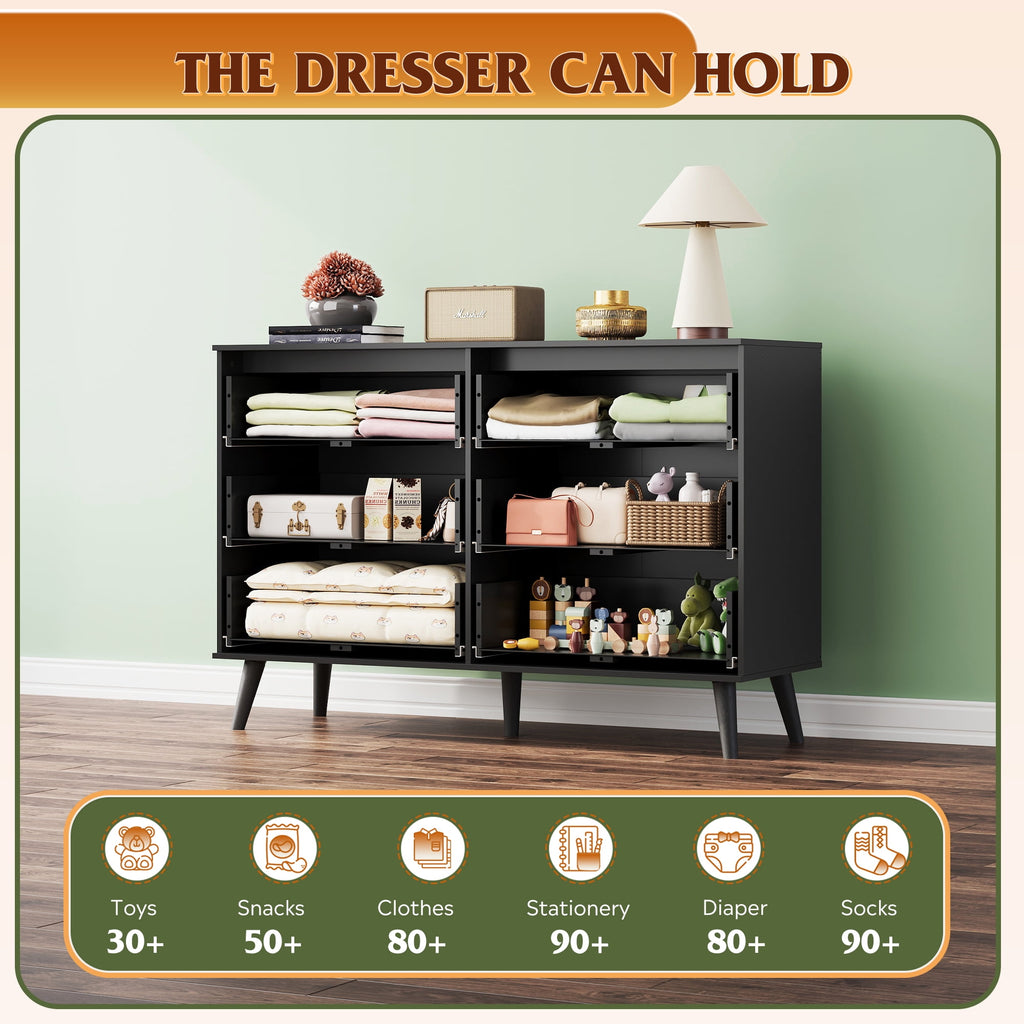 GALAXHERO 6 Drawer Wood Dresser, 47.2" Wide Chest of Drawer with Metal Handles, TV Stand for 55" TV, Double Dresser for Bedroom, Living Room, Hallway, Closet