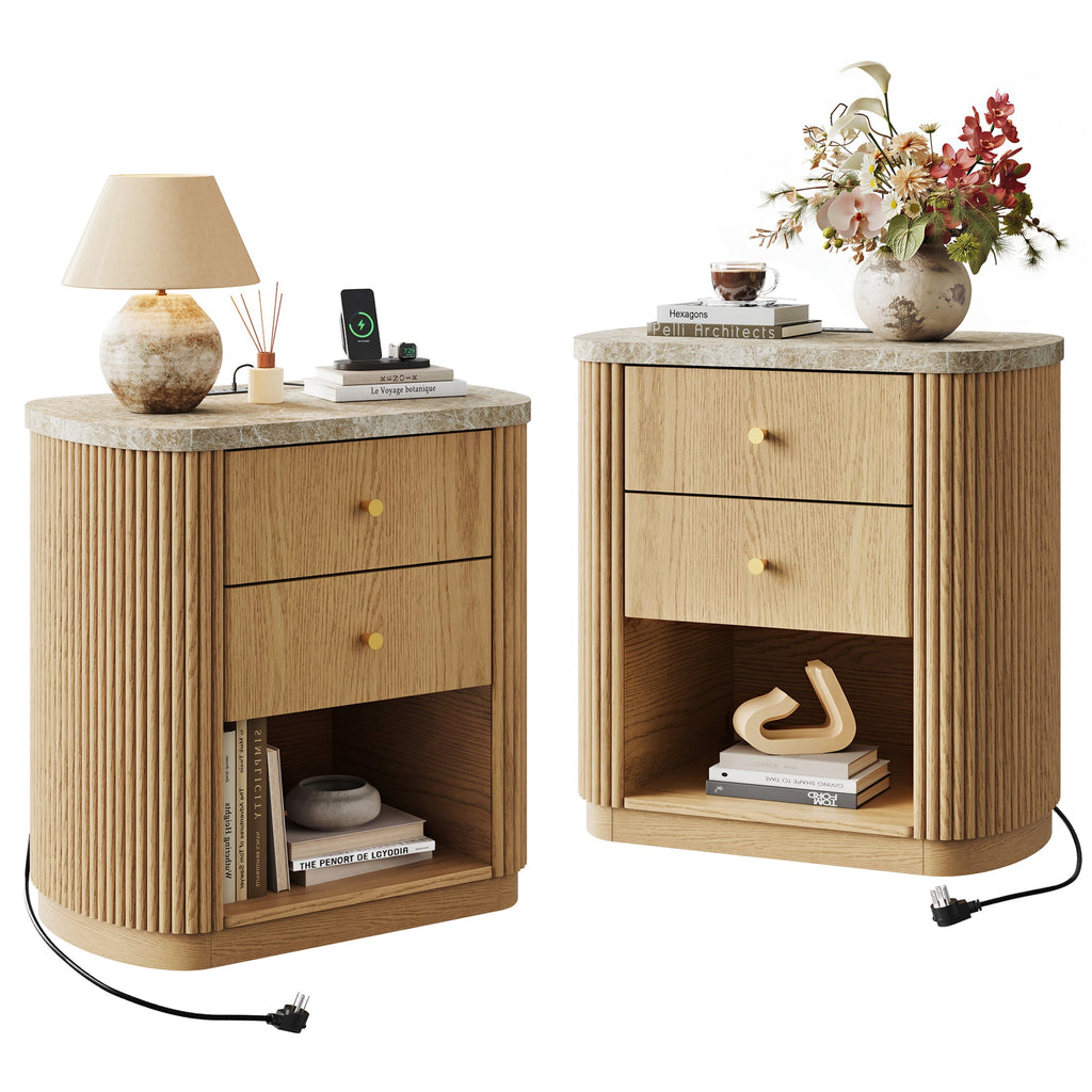 GALAXHERO Mid Century Modern Nightstand with Charging Station, 2-Drawer Fluted Wood Bedside Table with Open Shelf for Bedroom Living Room Dorm