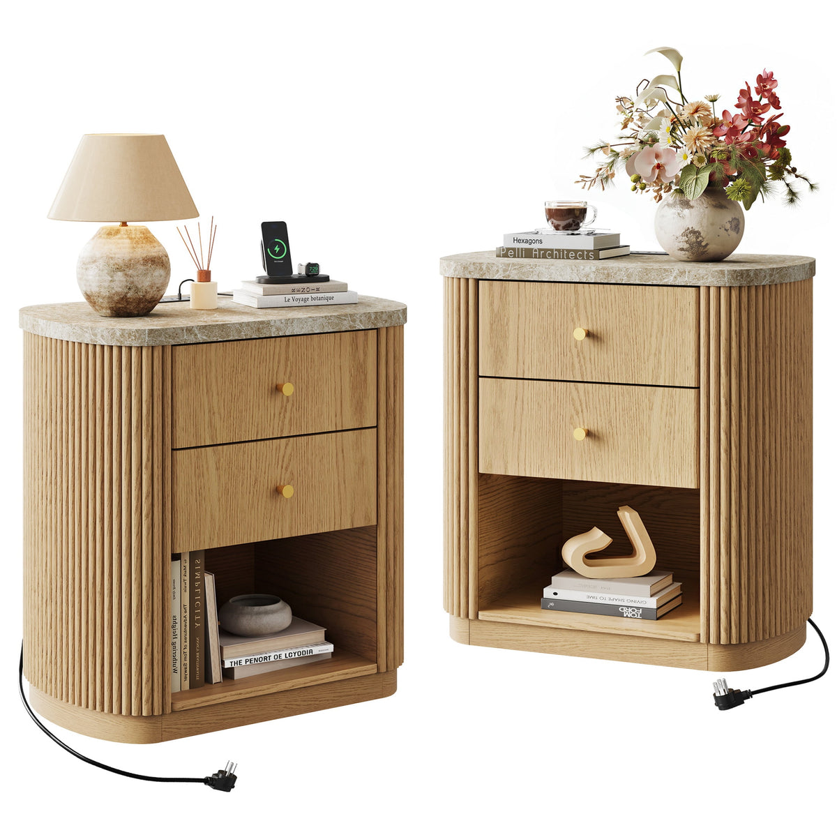 GALAXHERO Mid Century Modern Nightstand with Charging Station, 2-Drawer Fluted Wood Bedside Table with Open Shelf for Bedroom Living Room Dorm