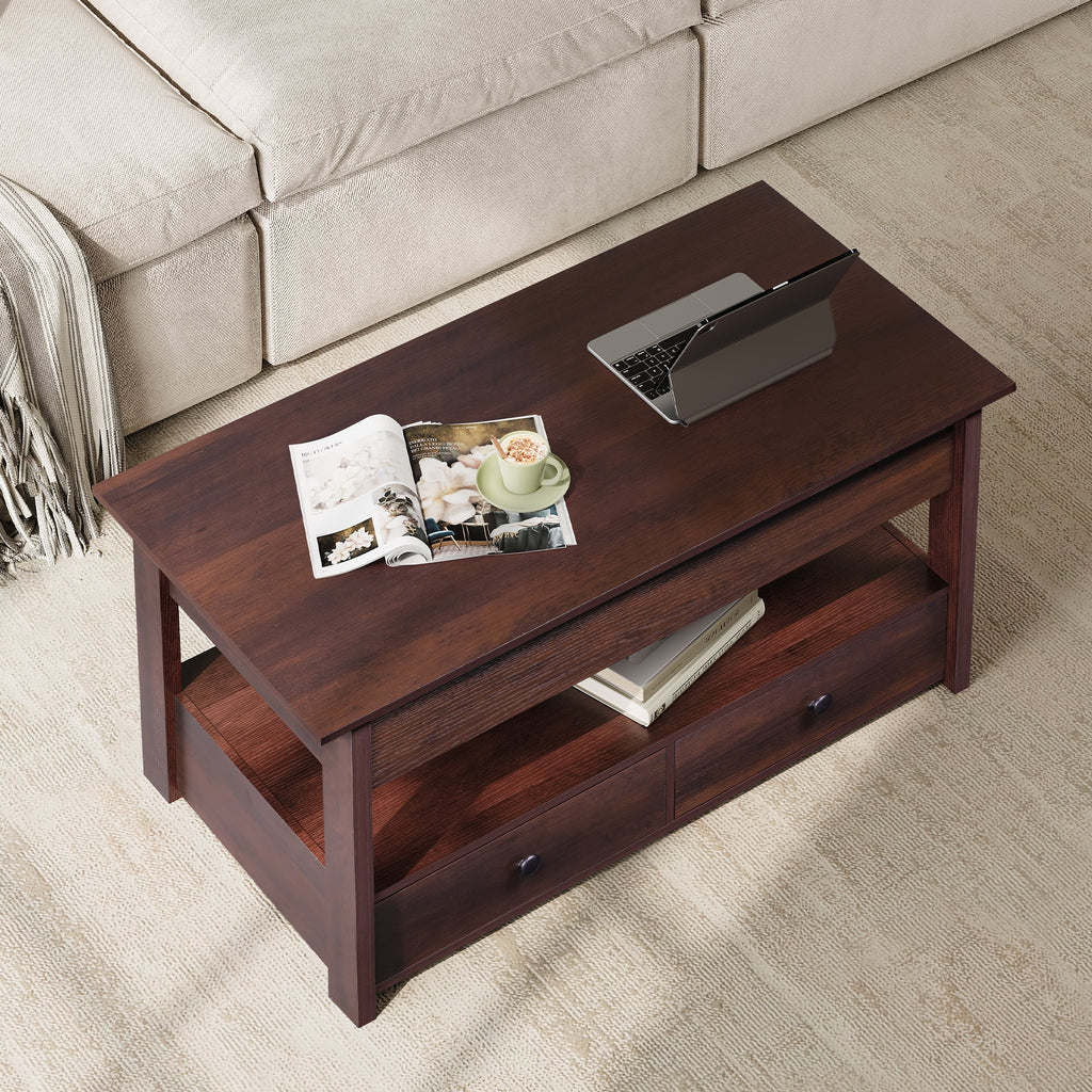 GALAXHERO Lift Top Coffee Table for Living Room Table with 2 Drawers & LED Light & Large Storage and Open Shelf