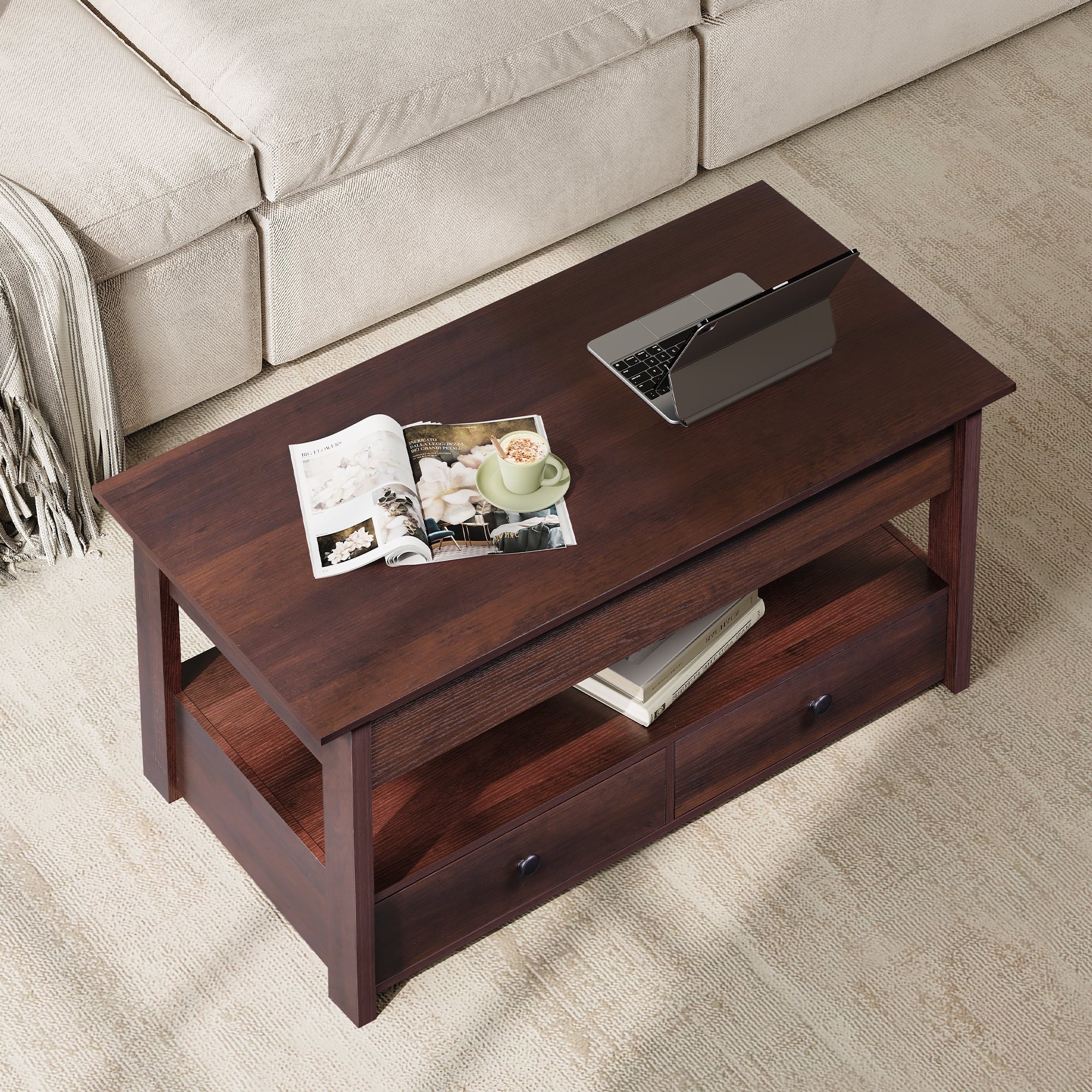 GALAXHERO Lift Top Coffee Table for Living Room Table with 2 Drawers & LED Light & Large Storage and Open Shelf