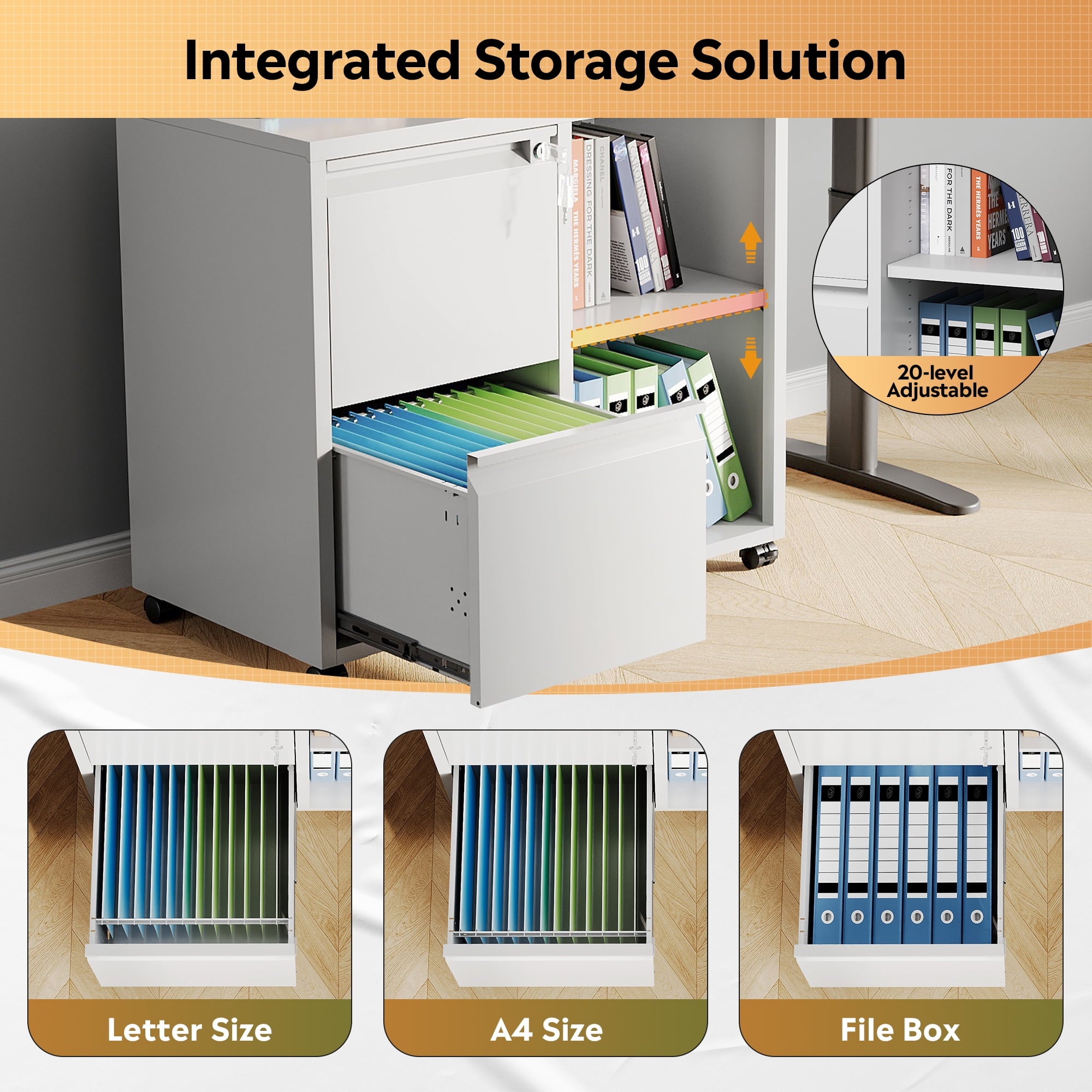 GALAXHERO 2 Drawer File Cabinet with Lock, Metal Filing Cabinet for Home Office, Rolling Printer Stand with Adjustable Shelf, Fit Letter/A4/Legal Size Files, White