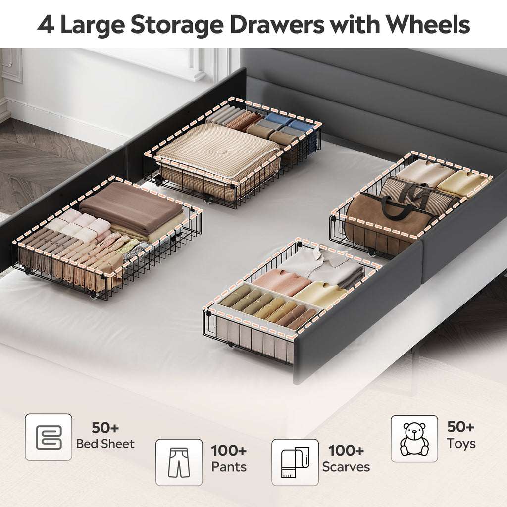 GALAXHERO Queen Size Upholstered Bed Frame with 4 Storage Drawers and Headboard, Velvet Platform Bedframe, Sturdy Metal & Wooden Slats Support, No Box Spring Needed, Easy Assembly