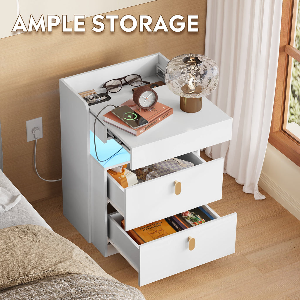 GALAXHERO 2 Drawer Nightstand with Charging Station and LED Lights, Modern Bedside Tables with Sliding Top for Bedroom, Wood End Table for Living Room