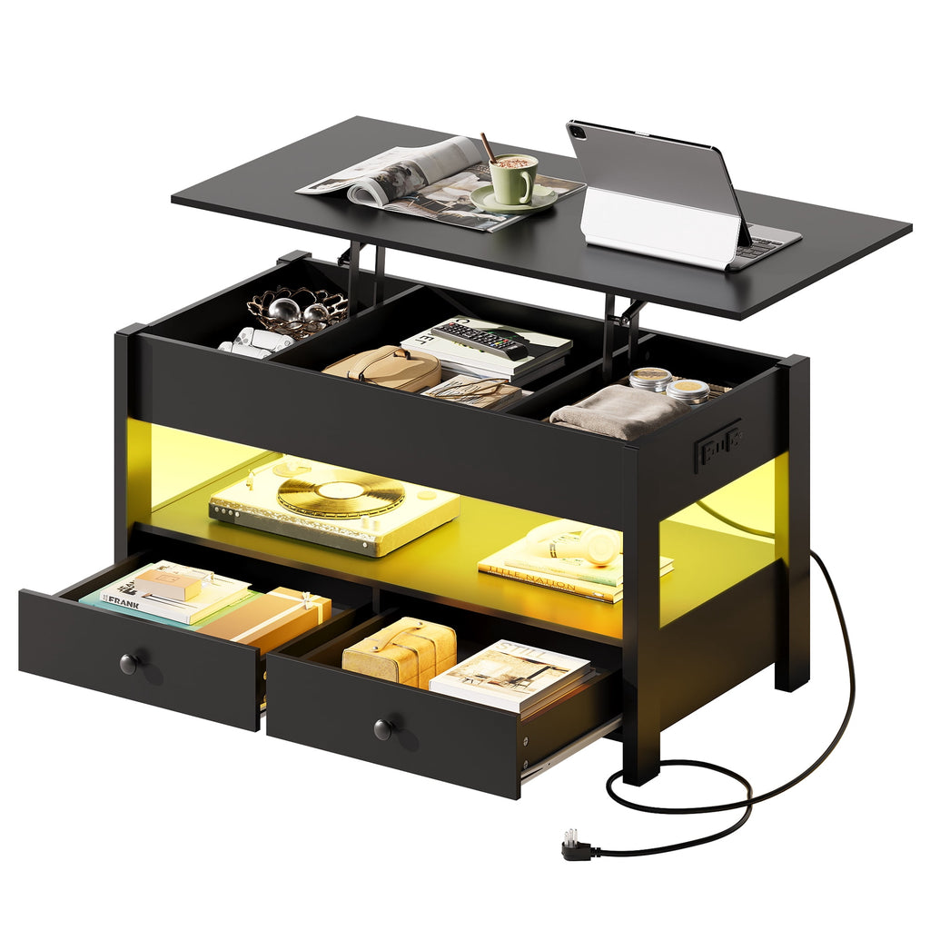GALAXHERO Lift Top Coffee Table for Living Room Table with 2 Drawers & LED Light & Large Storage and Open Shelf