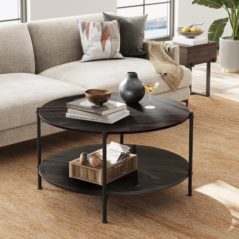 GALAXHERO Round Small Coffee Table 32.6" with Open Storage Shelf 2-Tier Industrial Circle Wood Center Table for Living Room Bedroom