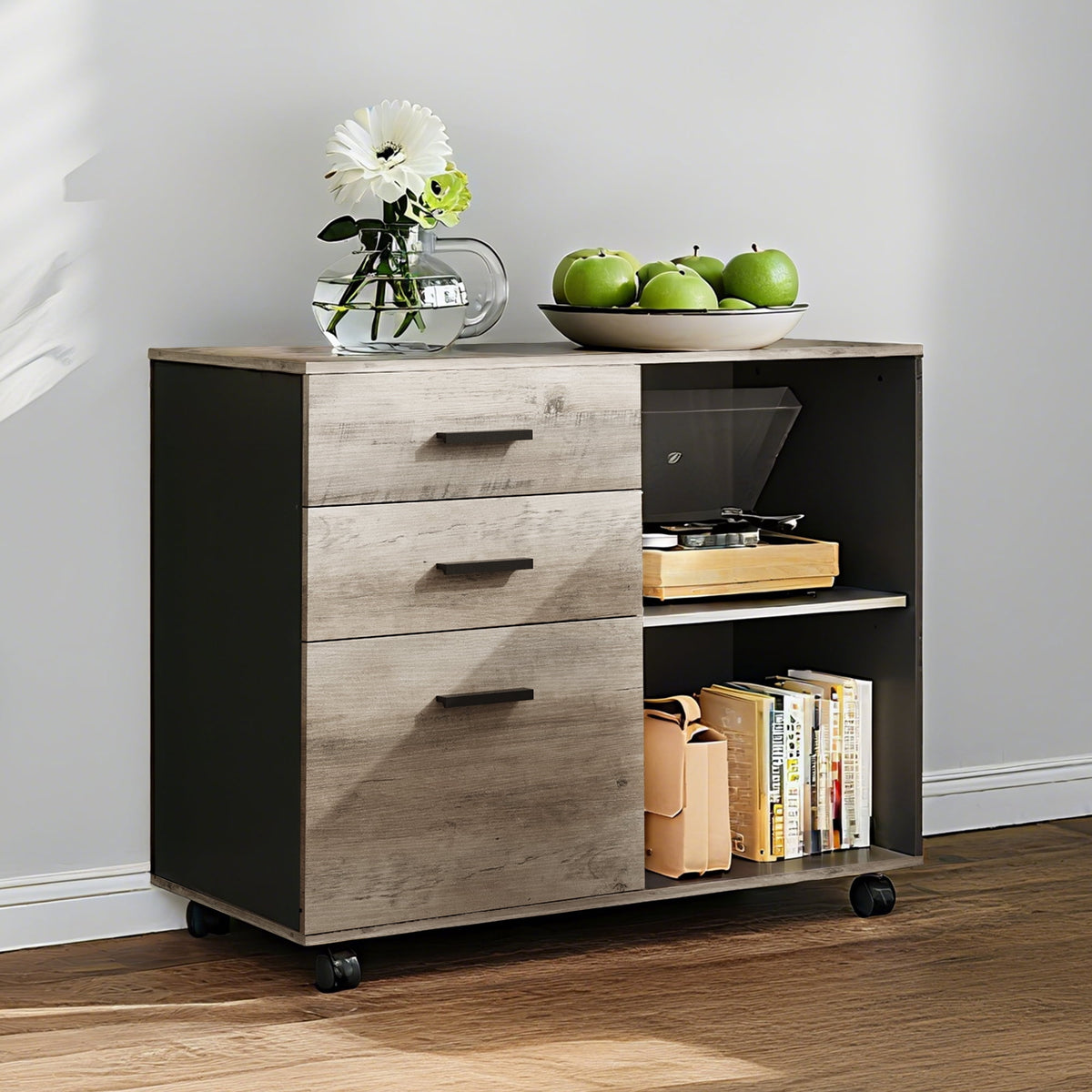 GALAXHERO 3-Drawer Filing Cabinet, Mobile Lateral File Cabinet, Printer Stand with Open Shelves, Wood Office Cabinet