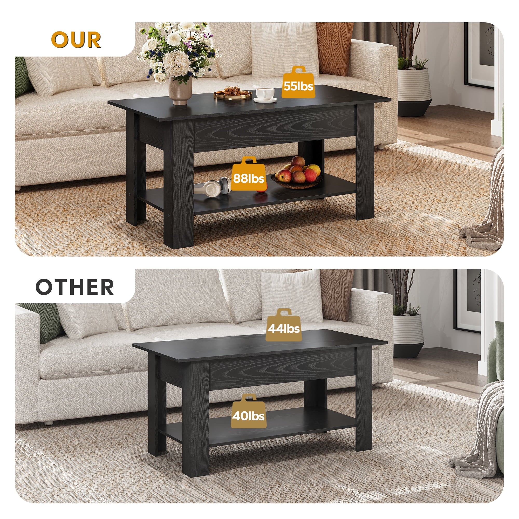 GALAXHERO 39" Lift Top Coffee Table with Storage Shelf & Hidden Compartment and Lifting Top for Home Living Room Office and Reception Room