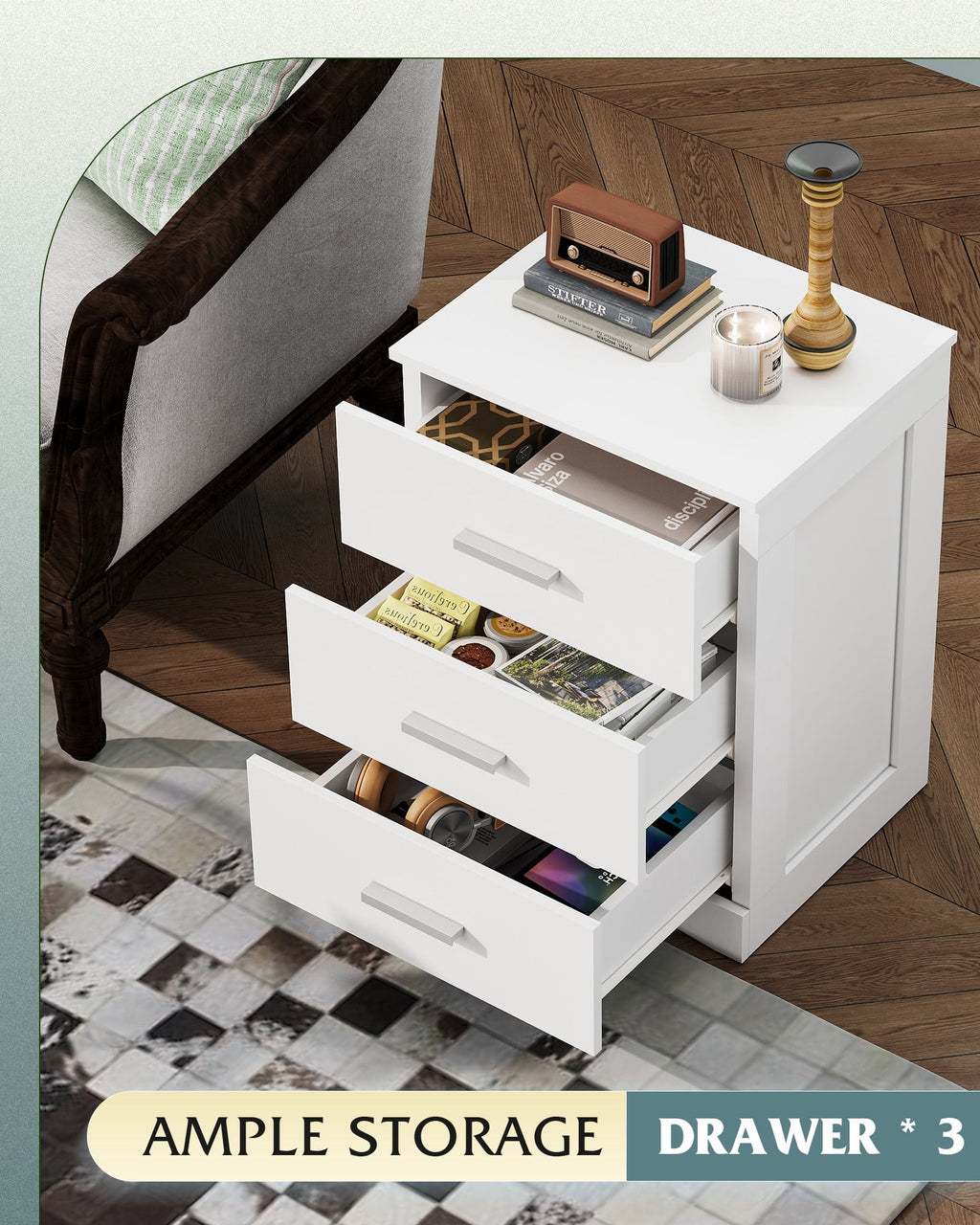GALAXHERO 3 Drawer Night Stands for Bedroom, Tall Nightstand with Storage Cabinets, Wooden Bedside Table End Table for Living Room