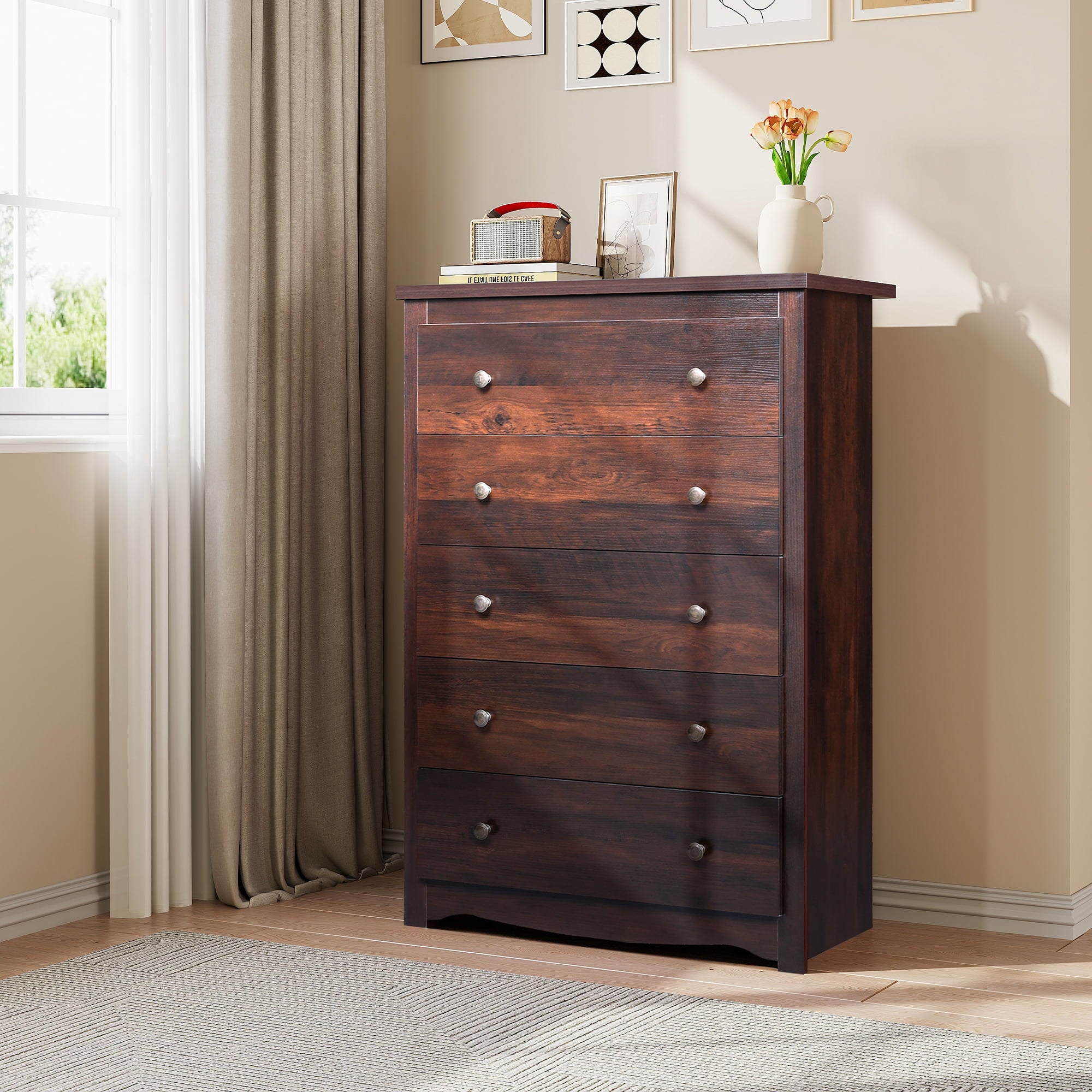 GALAXHERO 5 Drawer Dresser for Bedroom, Retro Wood Chest of Drawers, Tall Dresser with Round Metal Handle for Living Room, Hallway, Closet
