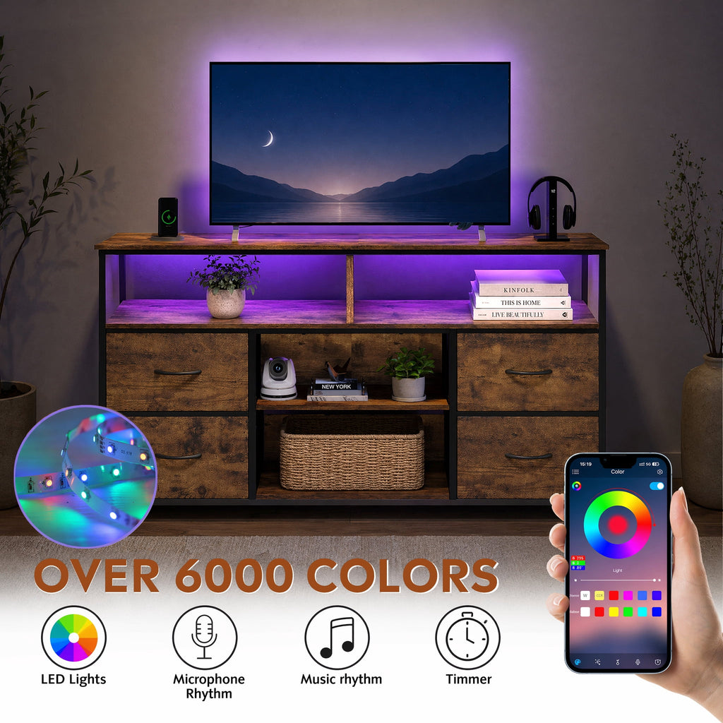 GALAXHERO TV Stand for 50/55/60 inch Television, Entertainment Center with LED Lights, 4 Fabric Drawers and Open Shelves, Media Console TV Stand for Bedroom and Living Room