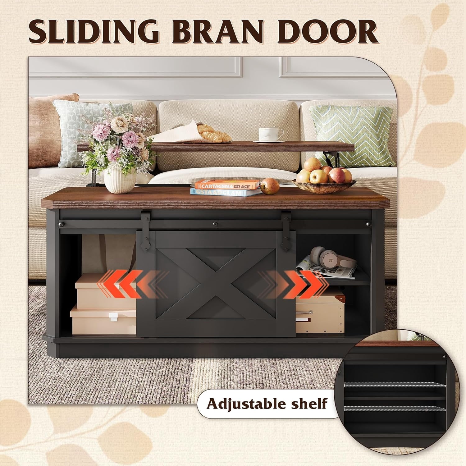 GALAXHERO Lift Top Coffee Table for Living Room 35.5" Framhouse Coffee Table with Storage, Square Center Table Rustic Cocktail Table with Sliding Barn Doors, Curevd Base