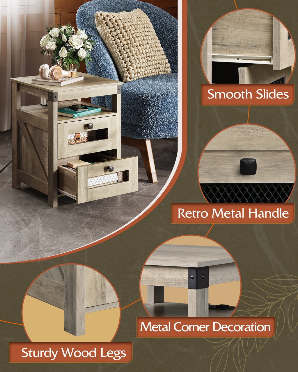 GALAXHERO Nightstand with Charging Station, Farmhouse End Table, Bed Side Table with 2 Storage Drawers and Open Shelf, Wood Rustic Nightstands for Bedroom