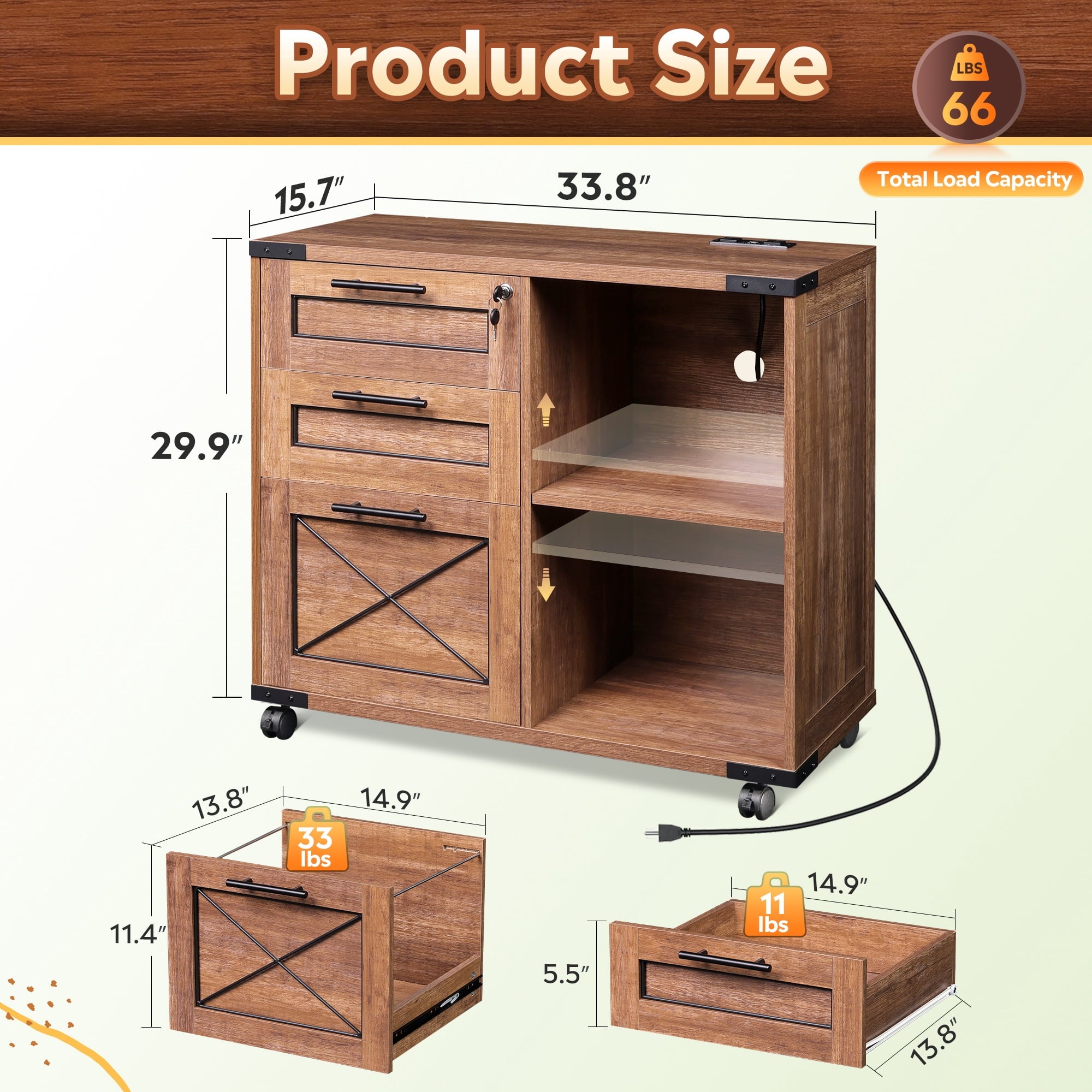 GALAXHERO 3-Drawer Locking File Cabinet, Wood Filing Cabinets with Charging Station, Rolling Printer Stand for Home Office