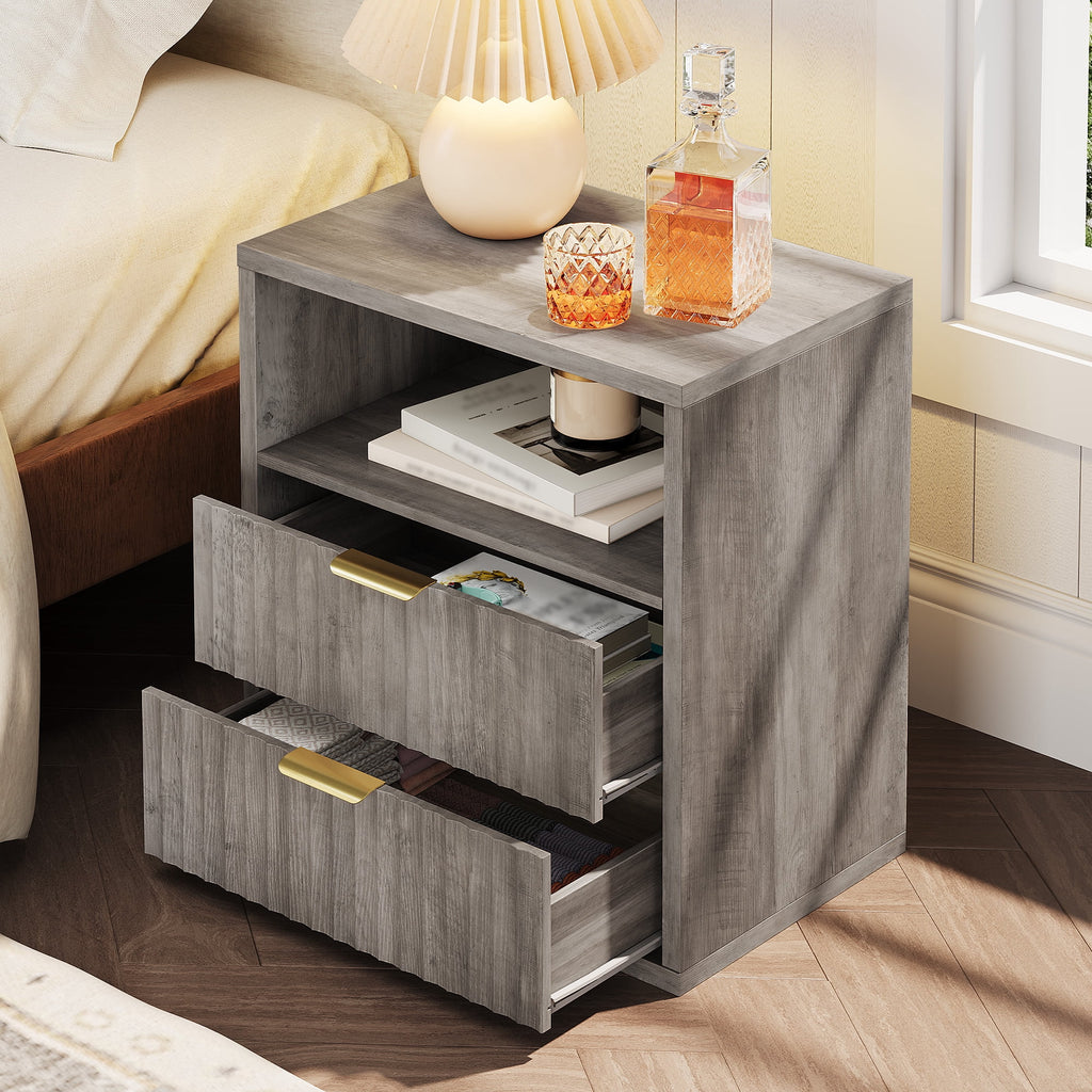 GALAXHERO 2 Drawer Nightstand, Wood Fluted End Table with Open Shelf, Mid Century Modern Bedside Tables for Bedroom, Living Room, Greige