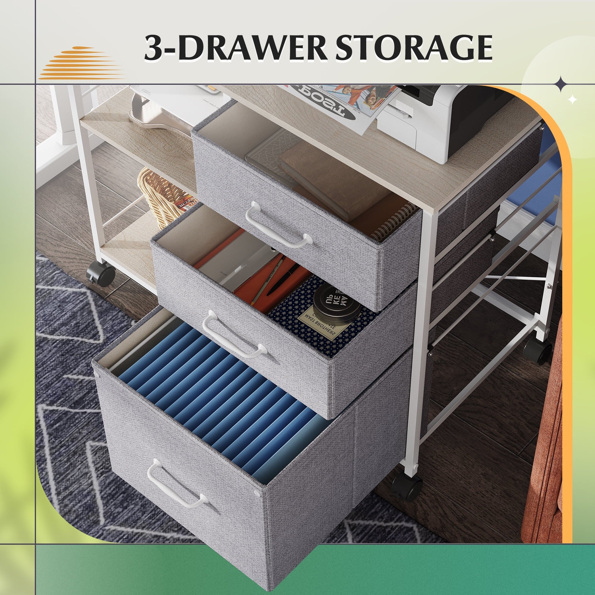 GALAXHERO 3-Drawer Mobile File Cabinet with Storage Shelf, Rolling Fabric Filing Cabinet and Printer Stand
