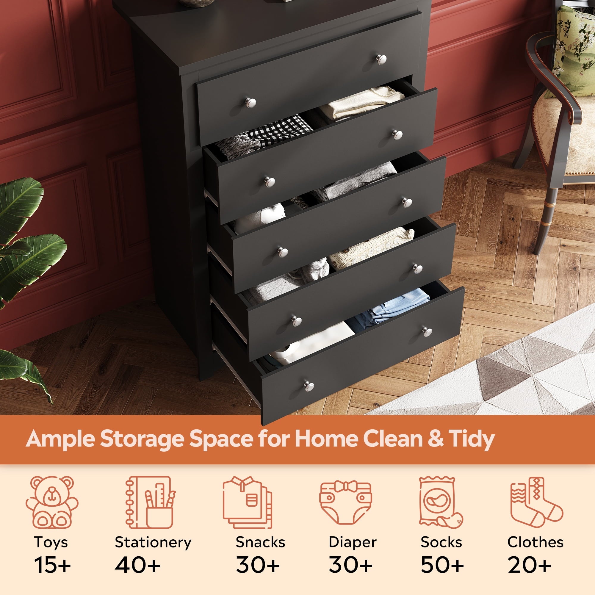 GALAXHERO 5 Drawer Dresser for Bedroom, Retro Wood Chest of Drawers, Tall Dresser with Round Metal Handle for Living Room, Hallway, Closet