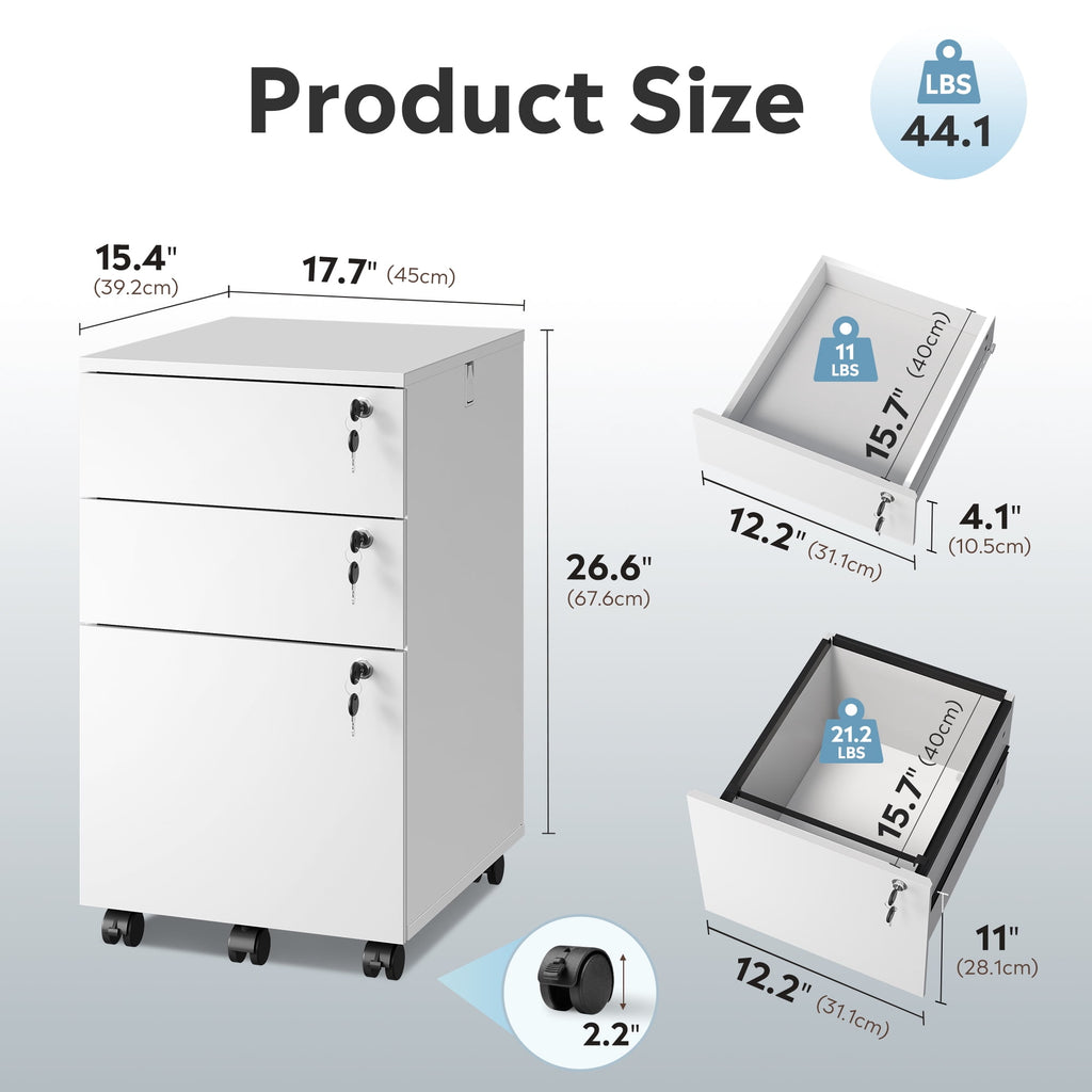 GALAXHERO 3 Drawers Storage Cabinet with Lock, Rolling Wood File Cabinet, Vertical Filing Cabinet for Home Office, Fits Letter/A4