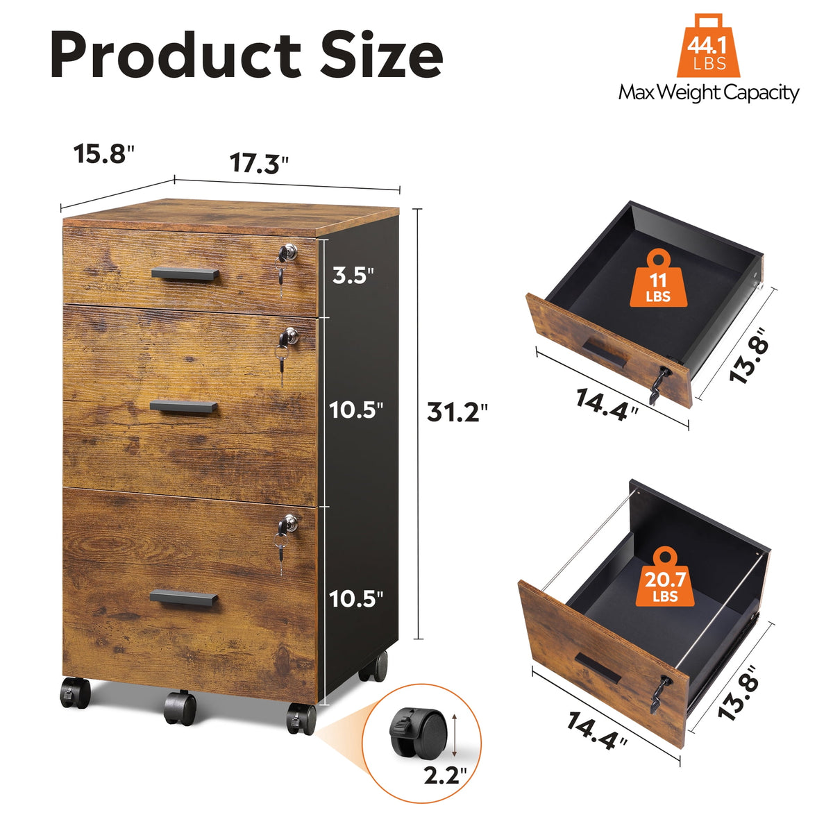 GALAXHERO Filing Cabinet with Lock and Key, 3 Drawer Rolling File Cabinet, Wood Storage Locker, Fits Letter/A4 Size