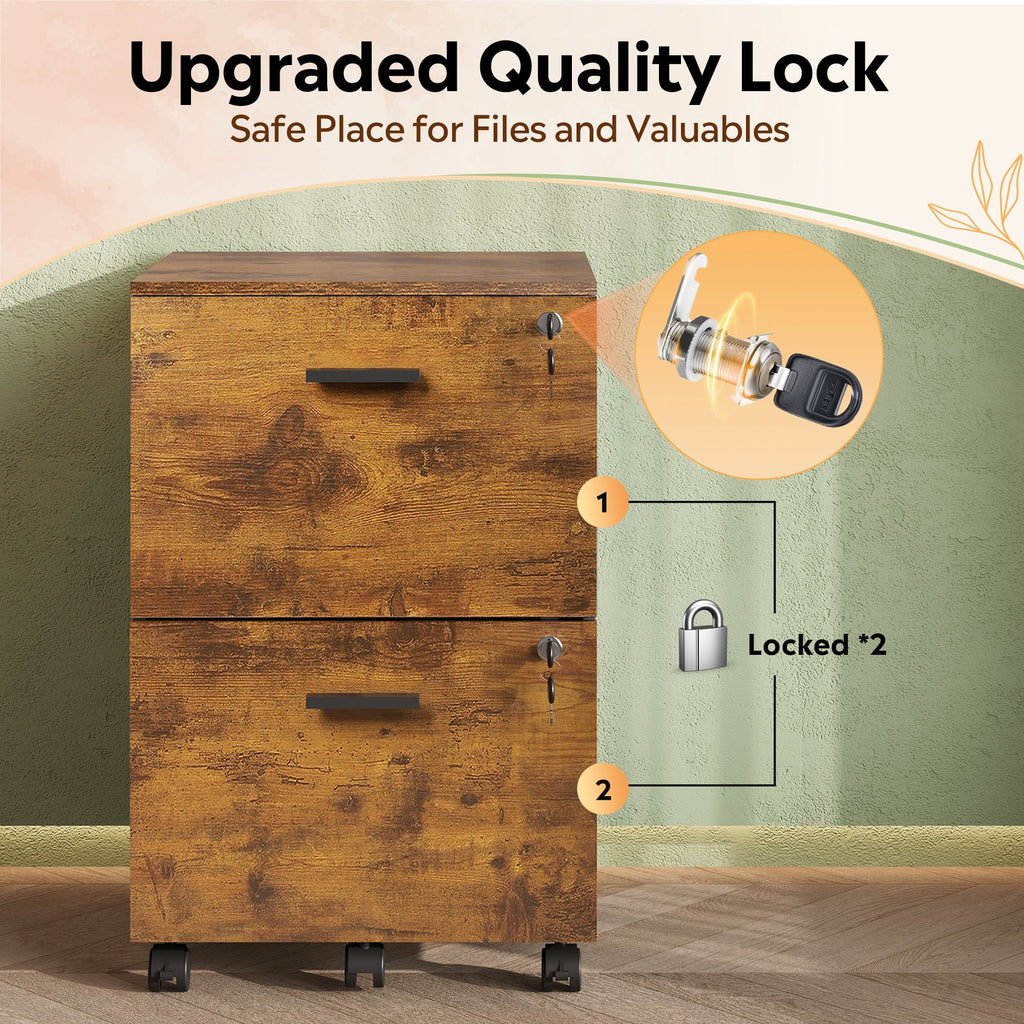 GALAXHERO 2 Drawer Filing Cabinet with Lock, Wooden Printer Stand with Storage for Home Office, Mobile Locking File Cabinet Fits Letter/A4 Hanging Files