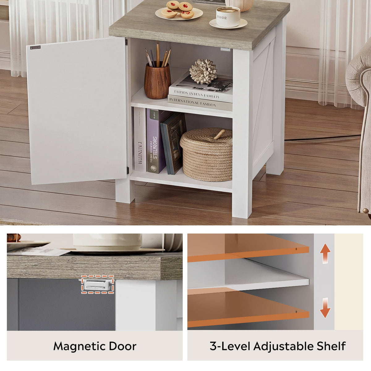 GALAXHERO Narrow Nightstand with Charging Station, Farmhouse Barn Door Wood Bedside Table & End Table with Storage for Bedroom, Living Room,Dorm