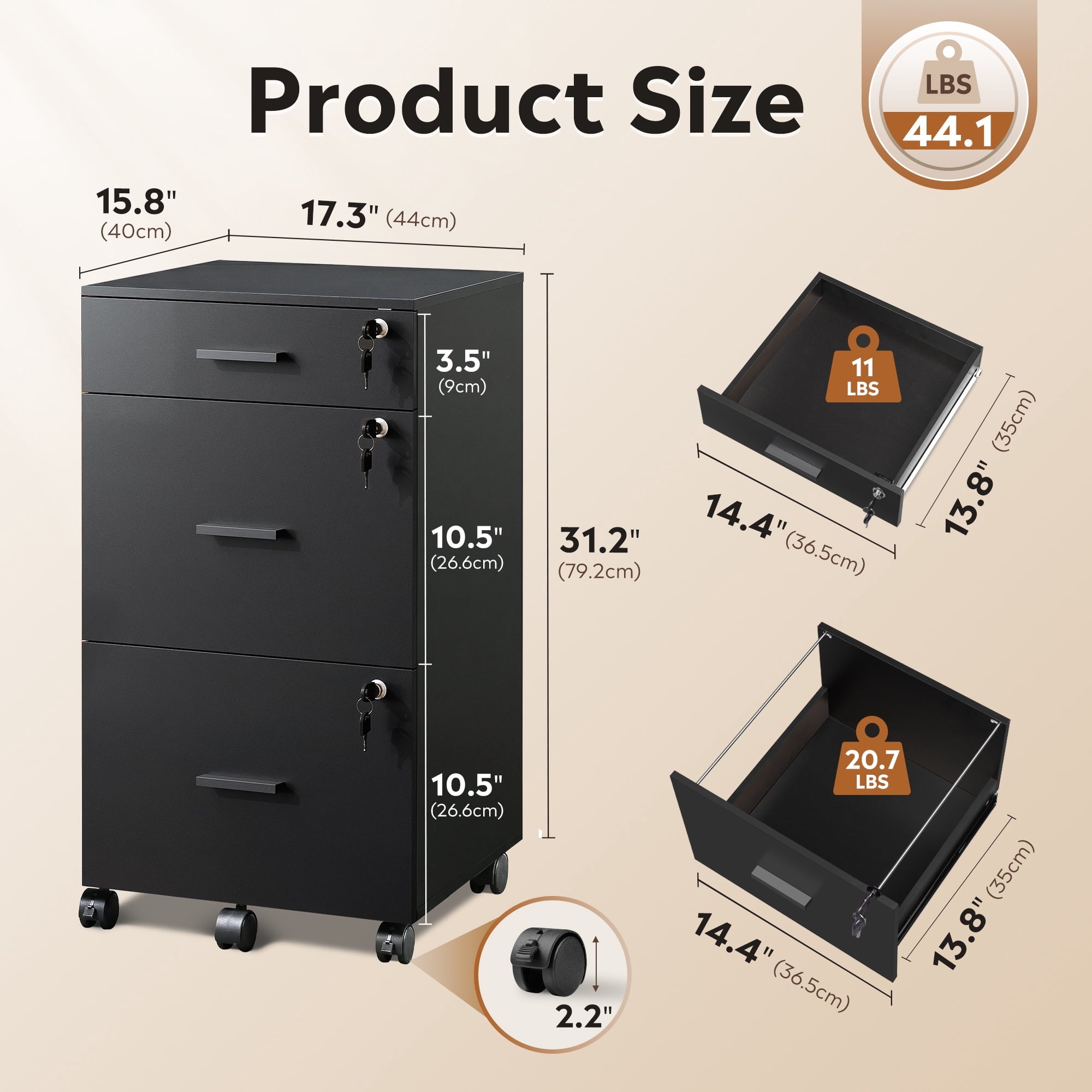 GALAXHERO Filing Cabinet with Lock and Key, 3 Drawer Rolling File Cabinet, Wood File Cabinet for Home Office, Fits Letter/A4 Size