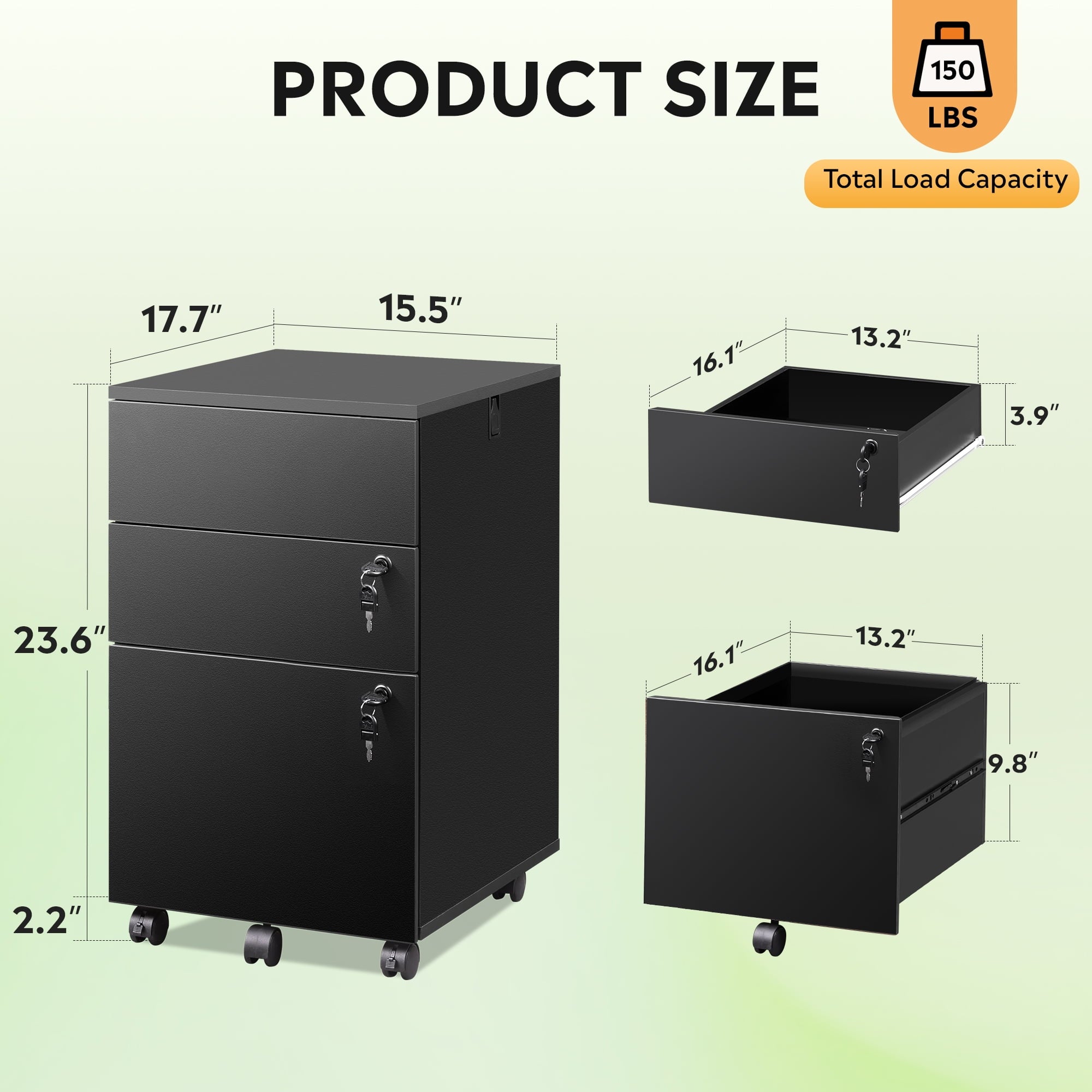 GALAXHERO 3 Drawers Storage Cabinet with Lock, Rolling Wood File Cabinet, Vertical Filing Cabinet for Home Office, Fits Letter/A4