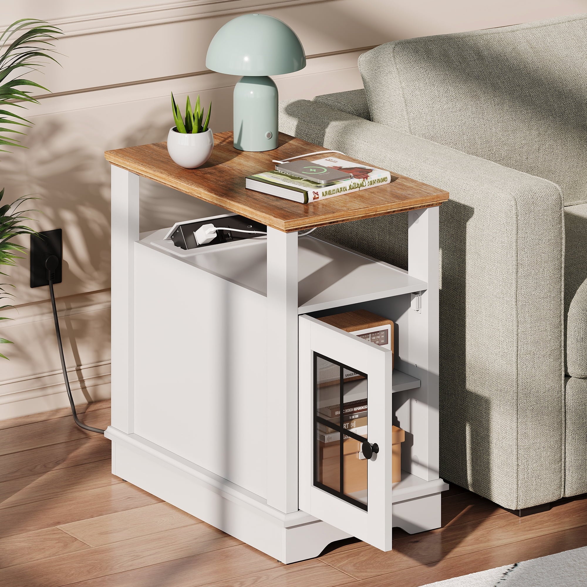 GALAXHERO Farmhouse End Table with Charging Station Narrow Side Table for Living Room Night Stand with Storage, Nightstand with USB Ports and Outlets for Bedroom