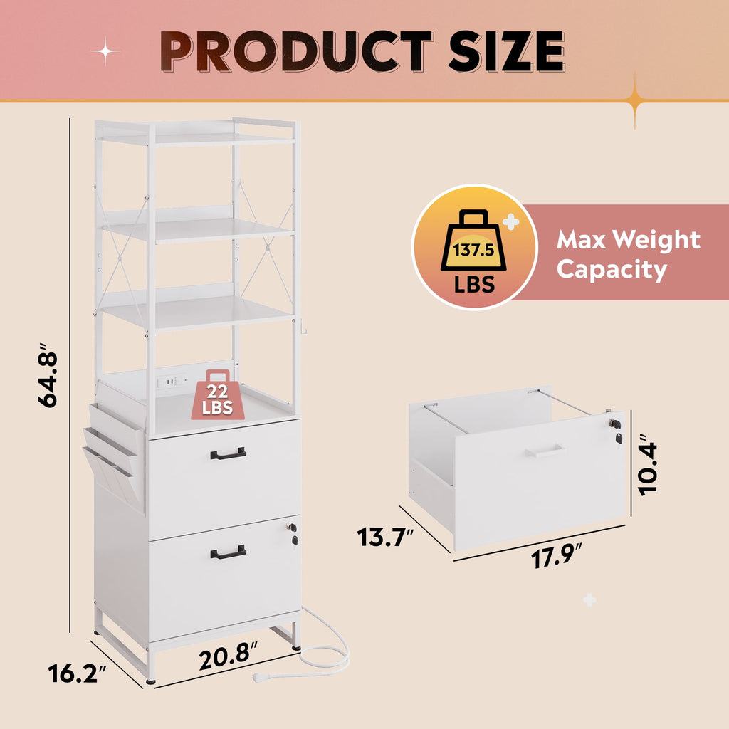 GALAXHERO 2 Drawer File Cabinet with Charging Station, Tall Vertical Filling Cabinet with Lock, Fits Letter/A4/Legal Size, Printer Stand & Adjustable Shelves for Home Office