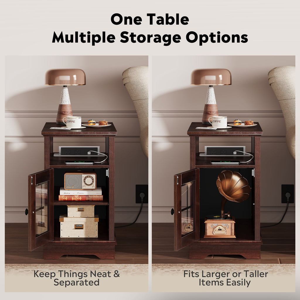 GALAXHERO Farmhouse End Table with Charging Station Narrow Side Table for Living Room Night Stand with Storage, Nightstand with USB Ports and Outlets for Bedroom