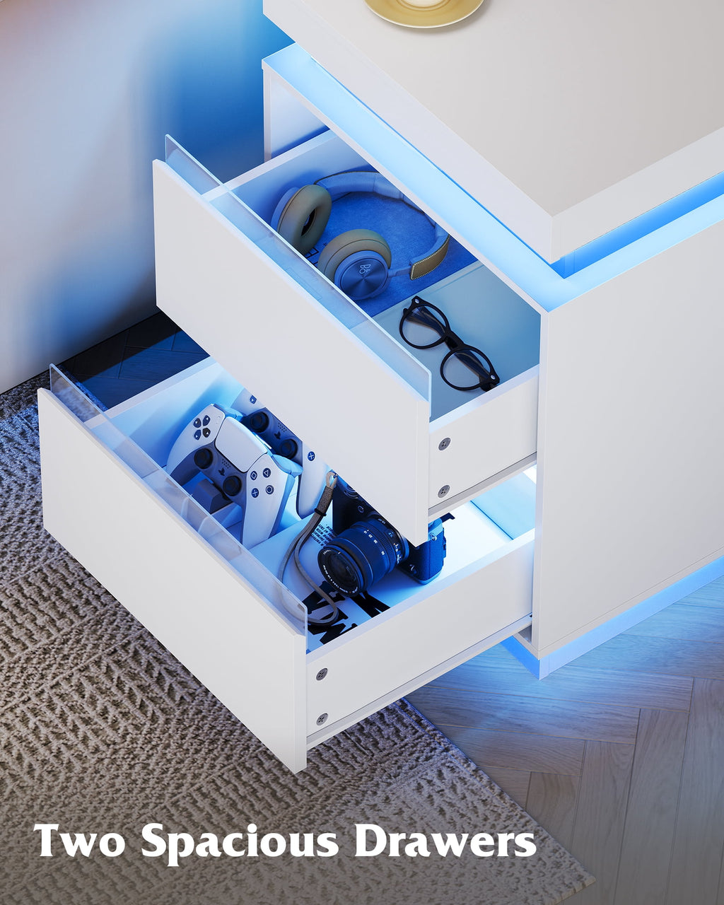 GALAXHERO  Nightstand with Charging Station and LED Lights, Modern 2 Drawers Bedside Table with Sliding Top, End Side Table for Bedroom, Living Room