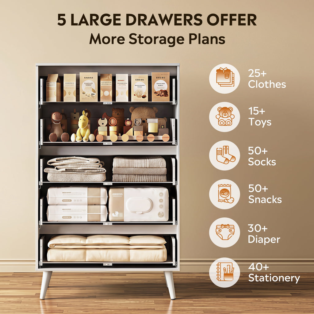 GALAXHERO 5 Drawer Dresser for Bedroom, Tall Dresser, Wooden Storage Organizer with Sturdy Metal Handle, Chest of Drawers for Living Room, Hallway, Closet