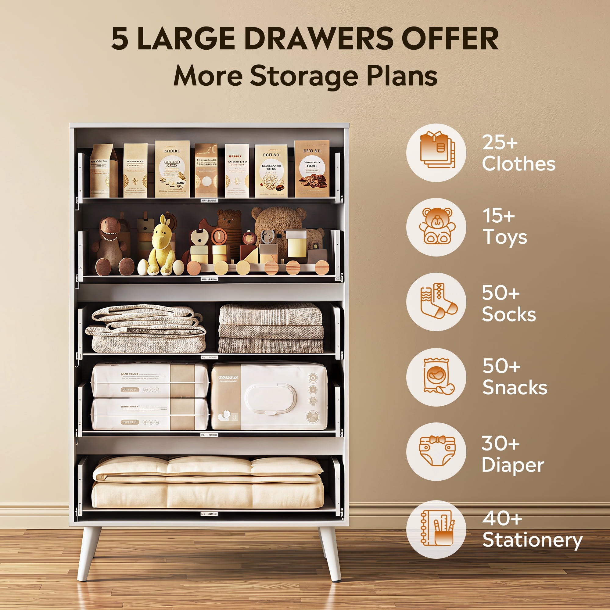 GALAXHERO 5 Drawer Dresser for Bedroom, Tall Dresser, Wooden Storage Organizer with Sturdy Metal Handle, Chest of Drawers for Living Room, Hallway, Closet