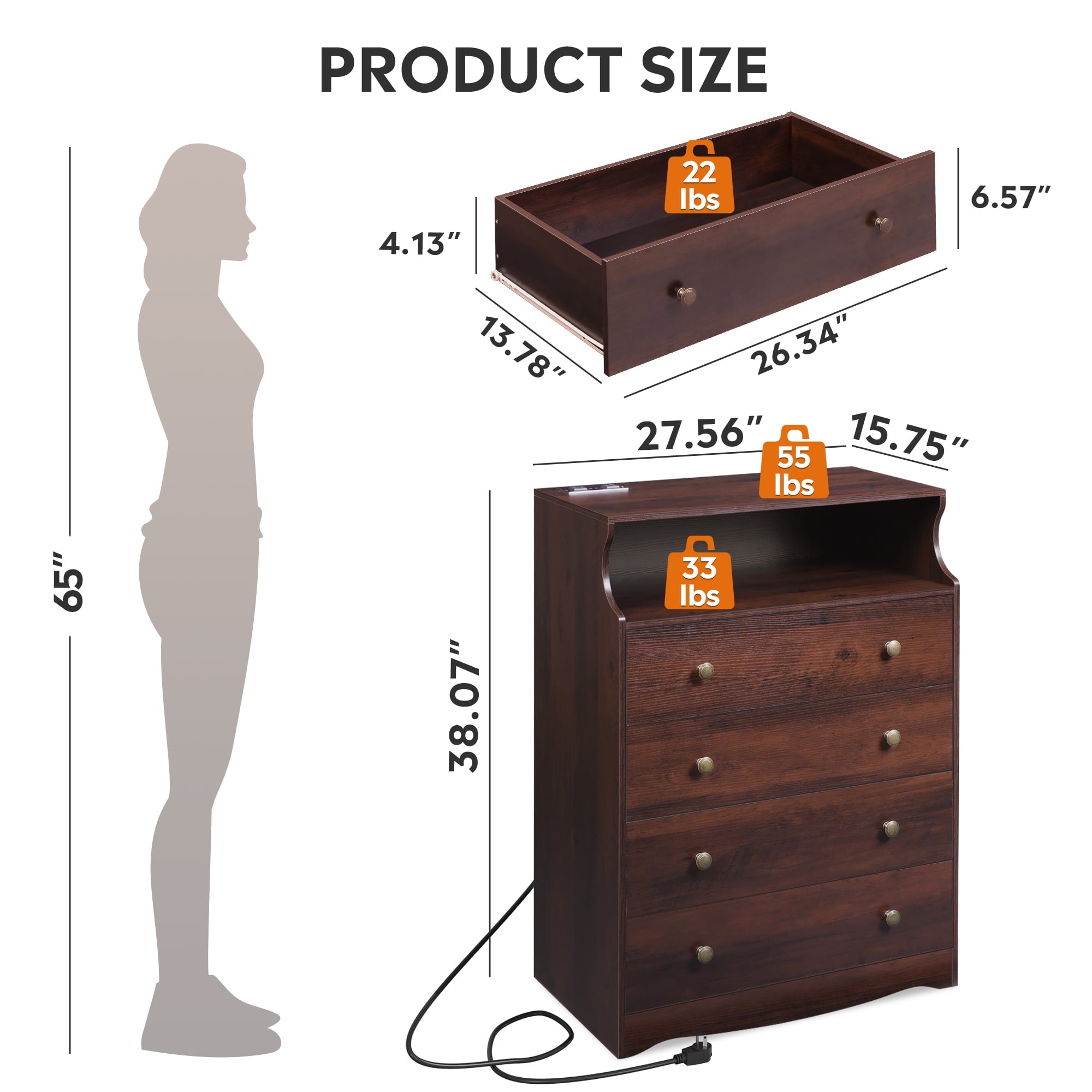 GALAXHERO 4 Drawers Dresser for Bedroom, Tall  Dressers with LED Open Shelf, Modern Chest of Drawers with Charging Station, Wood Closet Clothes Organizer Storage Cabinet