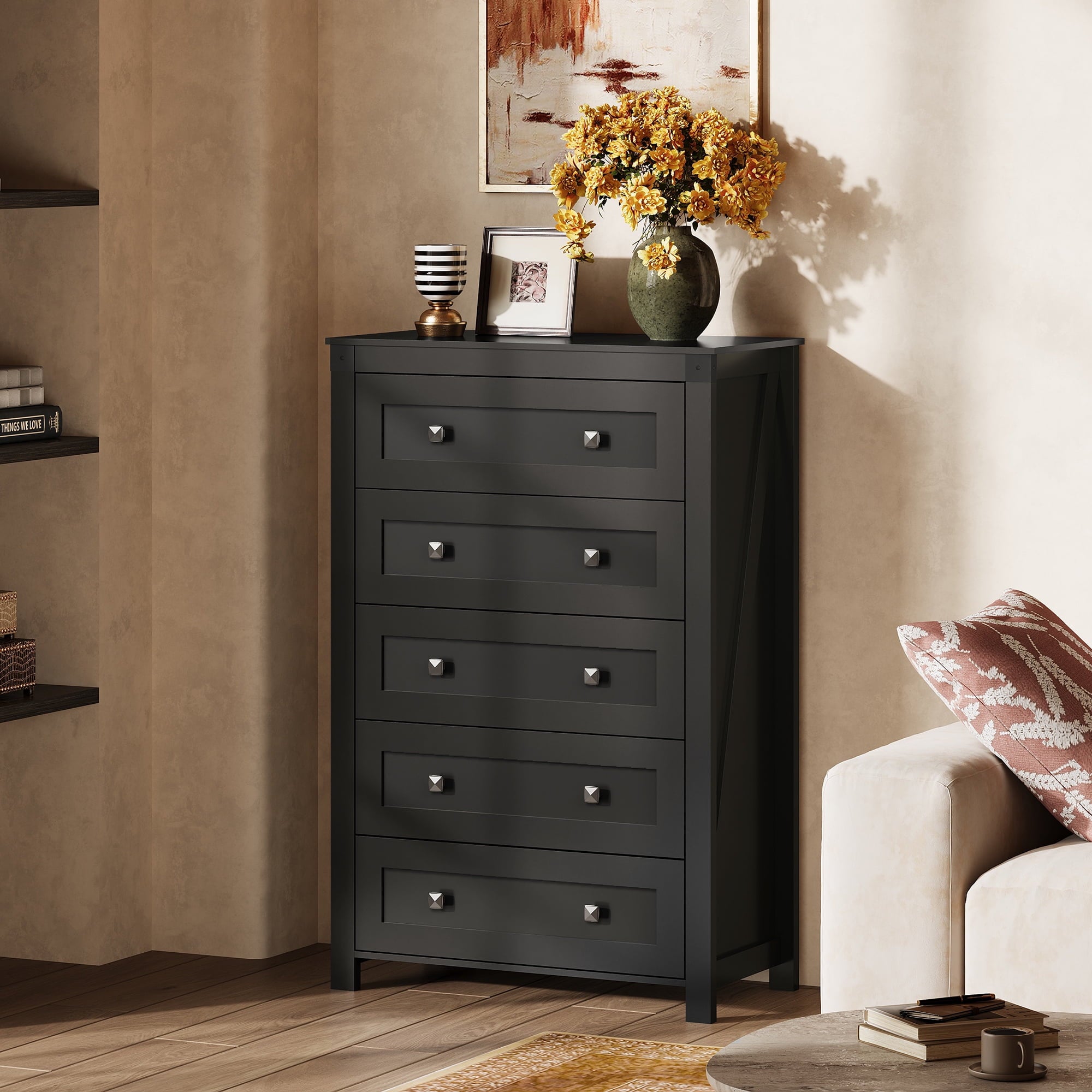 GALAXHERO Farmhouse Tall 5 Drawer Dresser, Wood Storage Organizer for Bedroom, Living Room,  Handles