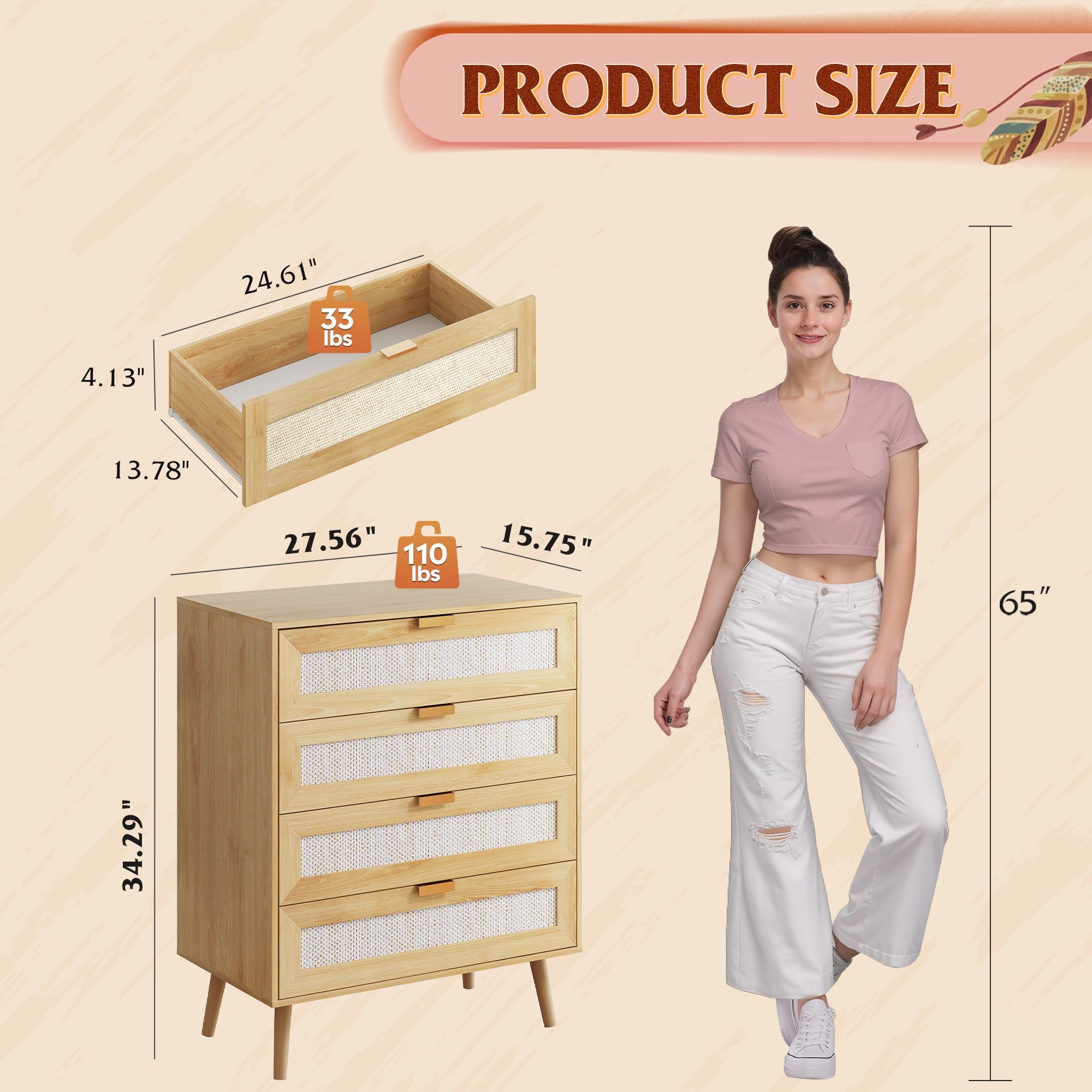 GALAXHERO 4 Drawers Dresser, Rattan Boho Chest of Drawers for Bedroom, Wood Storage Cabinet with Metal Handle for Living Room, Closet, Hallway