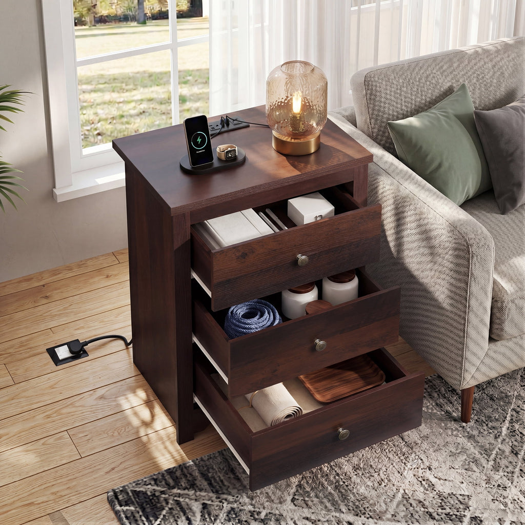 GALAXHERO Tall  Nightstand with Charging Station and 3 Drawers, Wood Bedside End Table with 2 USB Ports & 2 AC Outlets for Bedroom Living Room Dorm