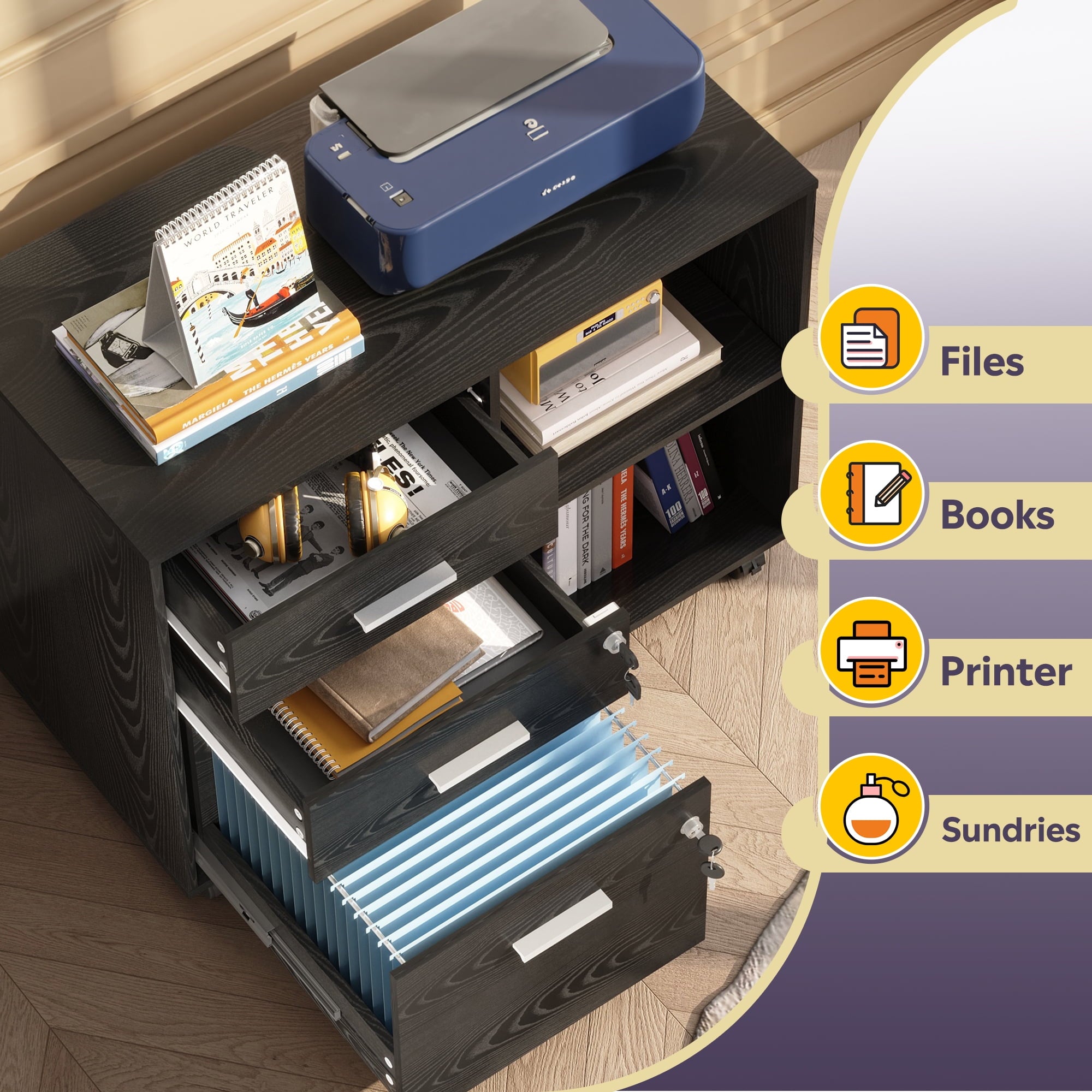 GALAXHERO 3-Drawer File Cabinet with Lock and Key, Mobile Wood Lateral Filing Cabinet & Printer Stand with Open Shelves for Home Office