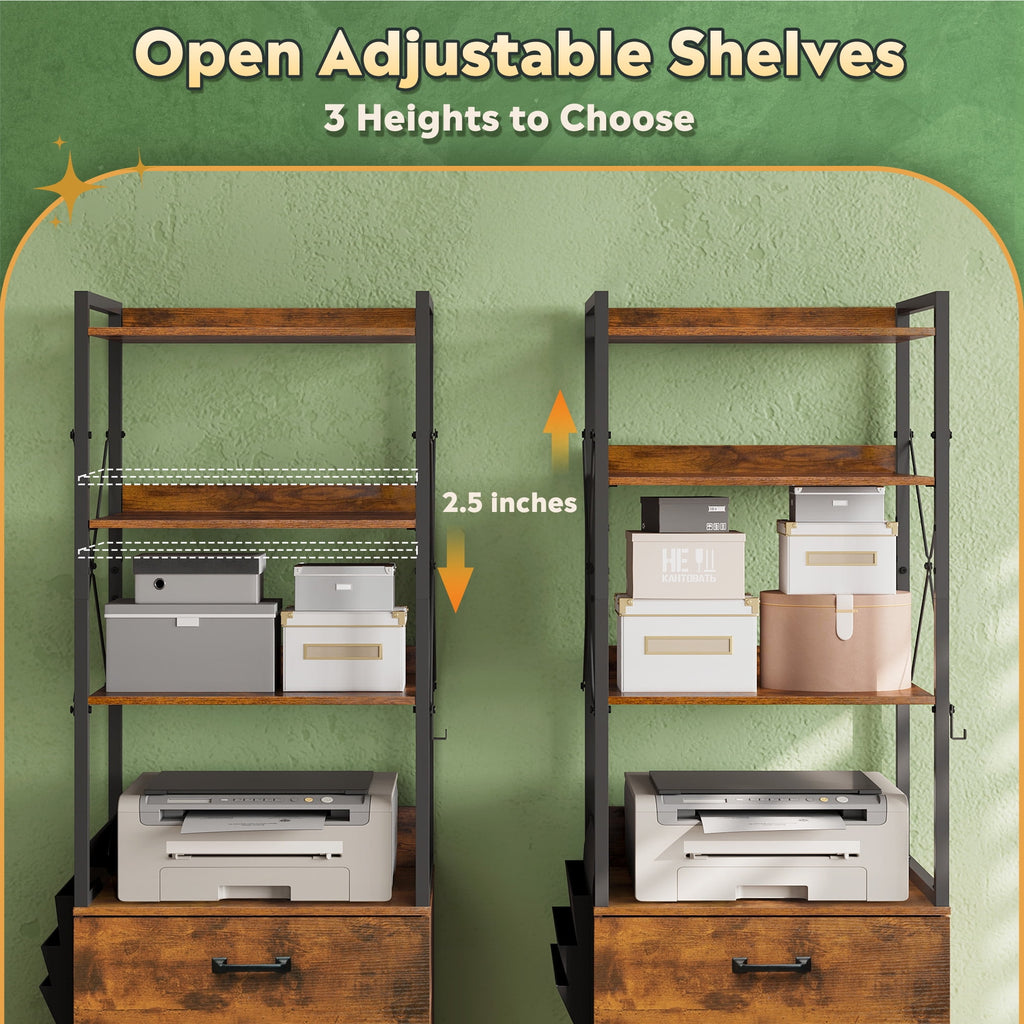 GALAXHERO 2 Drawer File Cabinet with Charging Station, Tall Vertical Filling Cabinet with Lock, Fits Letter/A4/Legal Size, Printer Stand & Adjustable Shelves for Home Office, Rustic Brown