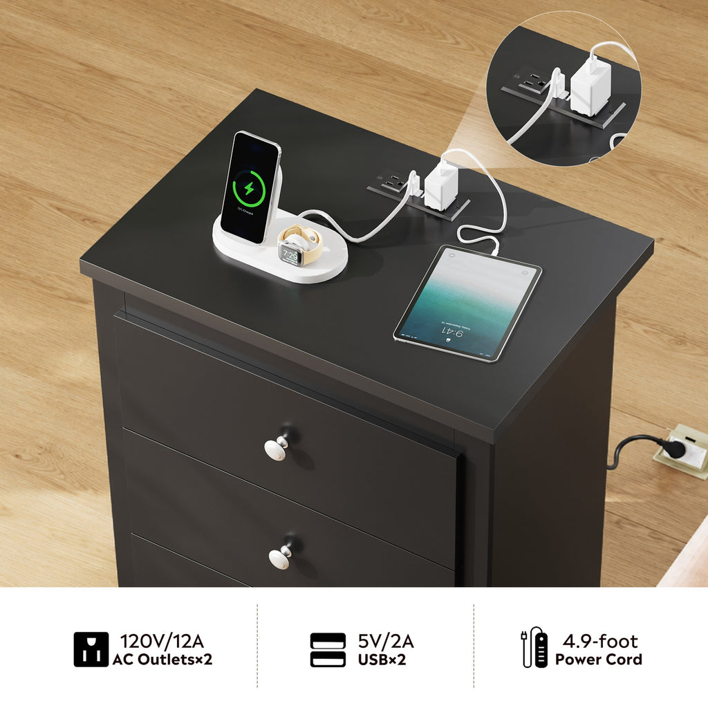 GALAXHERO Nightstand with Charging Station, 3-Drawer Tall Wood Bedside Table & End Table for Bedroom Living Room Dorm