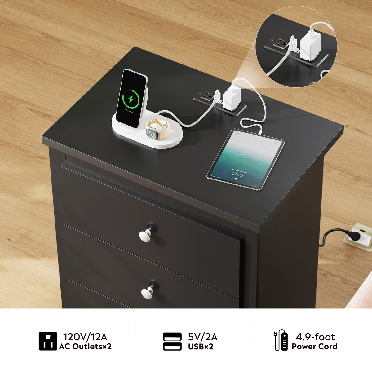GALAXHERO Nightstand with Charging Station, 3-Drawer Tall Wood Bedside Table & End Table for Bedroom Living Room Dorm