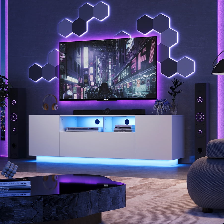 GALAXHERO TV Stand for 50-65 Inch TVs, 65" Entertainment Center with LED Lights, Modern TV Console with Storage Cabinet for Living Room & Bedroom, White