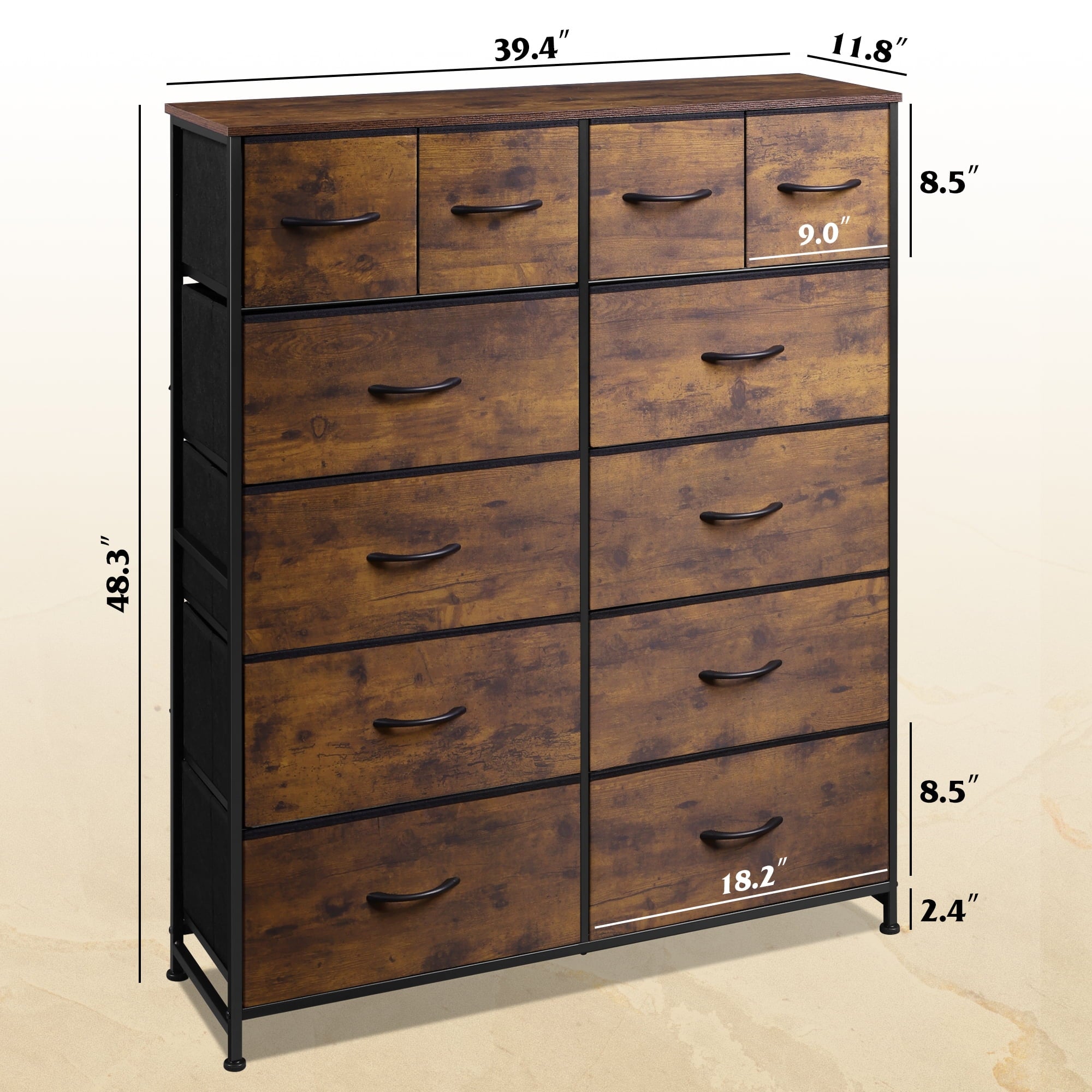 GALAXHERO 12-Drawer Tall Fabric Dresser with Steel Frame, Large Storage Chest of Drawers for Bedroom, Closet, Rustic Brown Wood Grain Print
