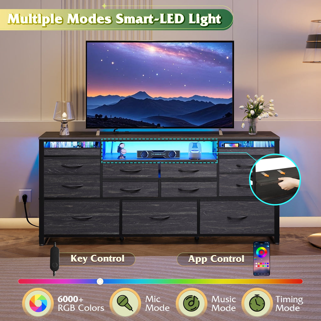 GALAXHERO 13 Drawers Dresser for Bedroom, TV Stand for 65'' TV with LED Lights, Entertainment Center with Charging Station, Fabric Chest of Drawers for Living Room, Entryway