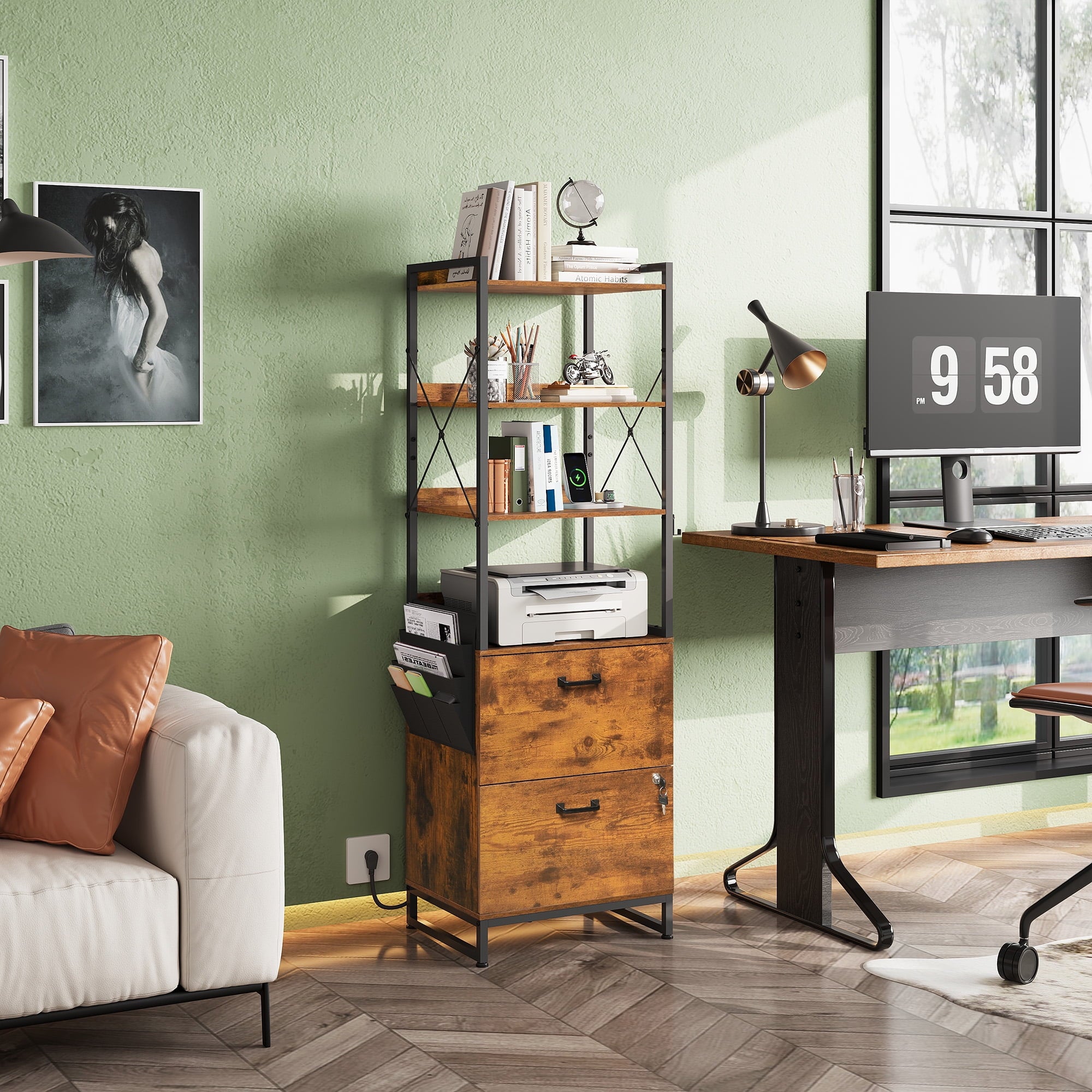 GALAXHERO 2 Drawer File Cabinet with Charging Station, Tall Vertical Filling Cabinet with Lock, Fits Letter/A4/Legal Size, Printer Stand & Adjustable Shelves for Home Office, Rustic Brown