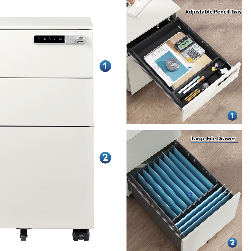 GALAXHERO Metal File Cabinet with Combination Lock, Mobile Drawers on Wheels, 3-Drawer Storage Organizer for Home Office, A4/Letter/Legal Size, White